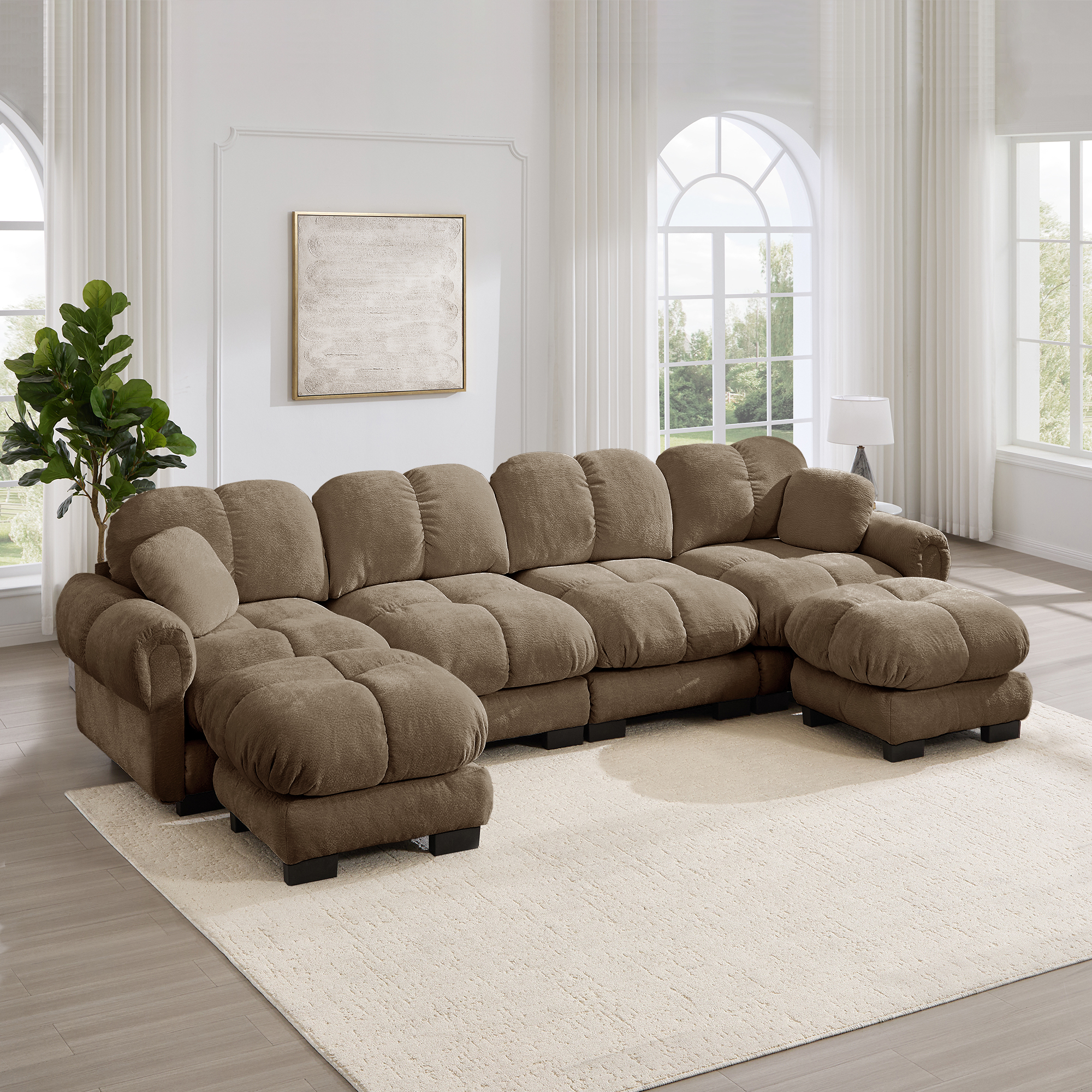 Canapé Modulable 4 Places En U Avec Ottoman Mobile Design Ergonomique Tissu Chenille Marron Salon Confortable