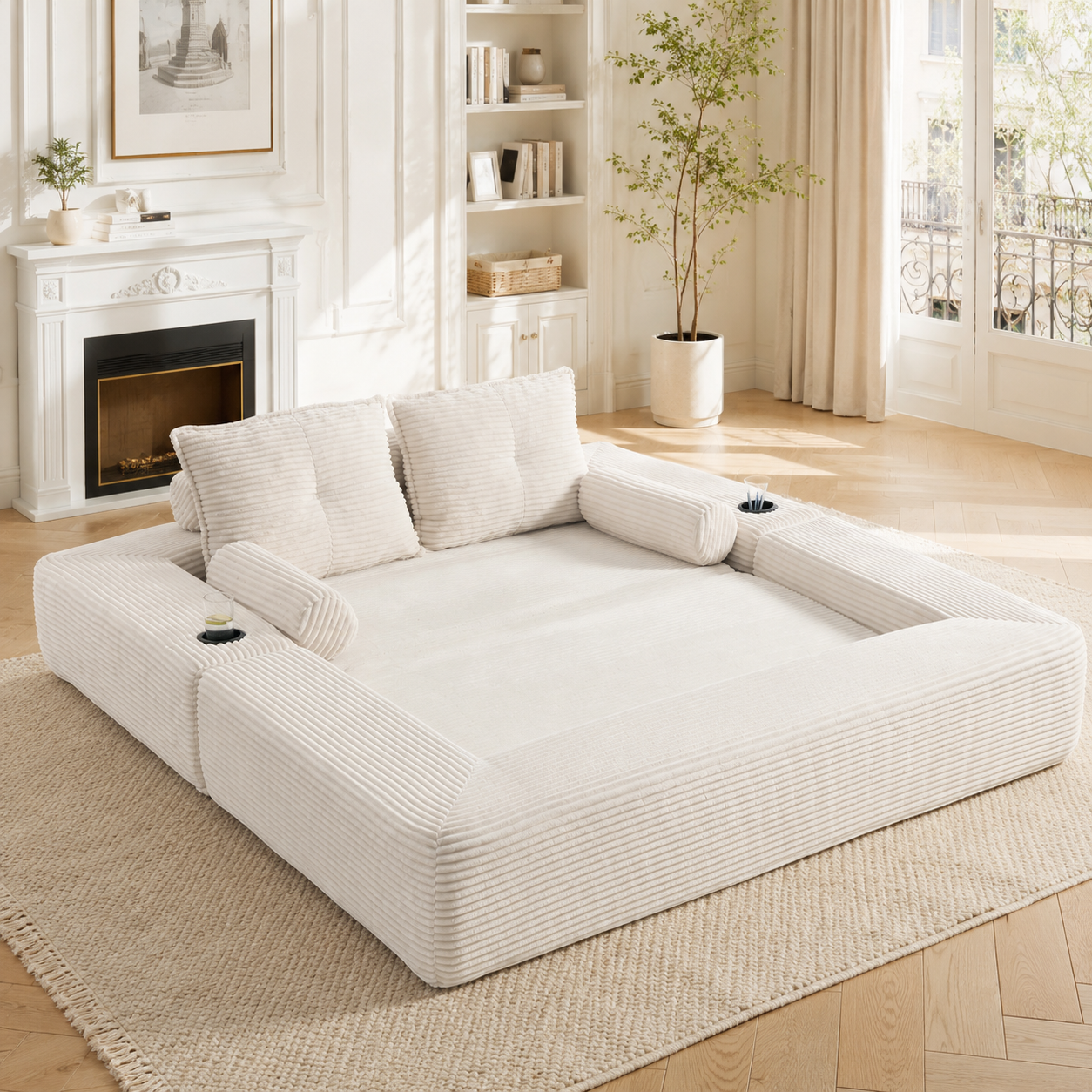 Canapé convertible 2 places en velours côtelé beige avec coffre, porte-gobelets et coussins mémoire de forme