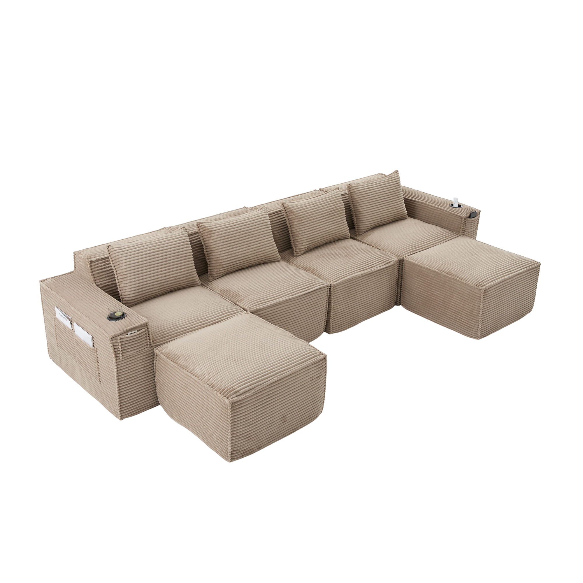 Canapé modulable 4 places en corduroy kaki avec 2 poufs, porte-gobelets intégrés, poches latérales et coussins de soutien lombaire fermes pour le salon
