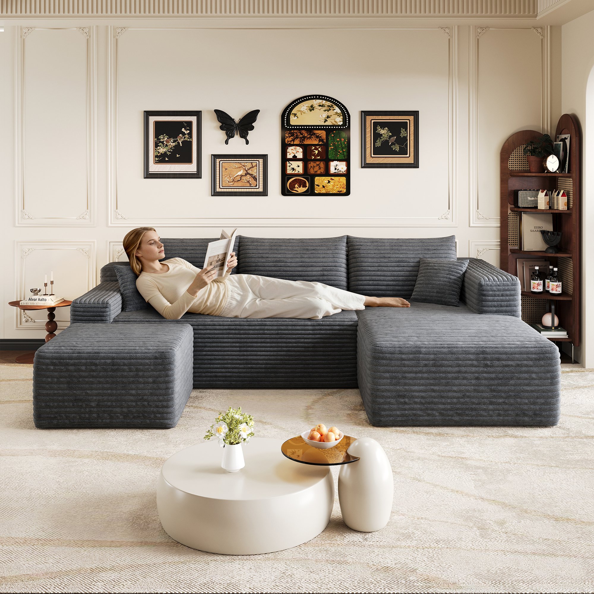 Canapé d'angle 241x151cm en tissu côtelé gris foncé, style nuage moderne, assise profonde et confort optimal pour le salon