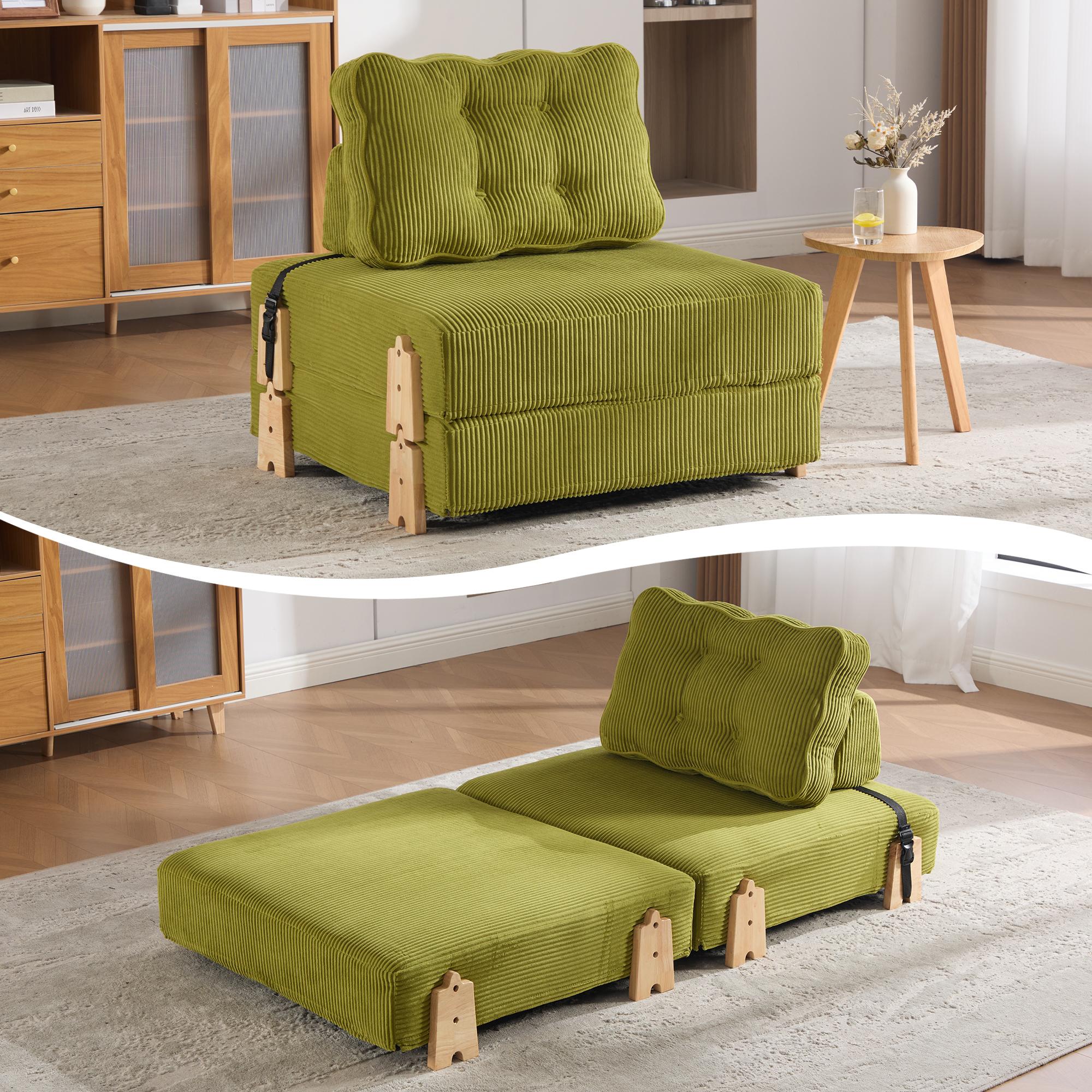 Lit rembourré compact en velours côtelé olive avec sommier à lattes pour petit salon et chambre d'amis