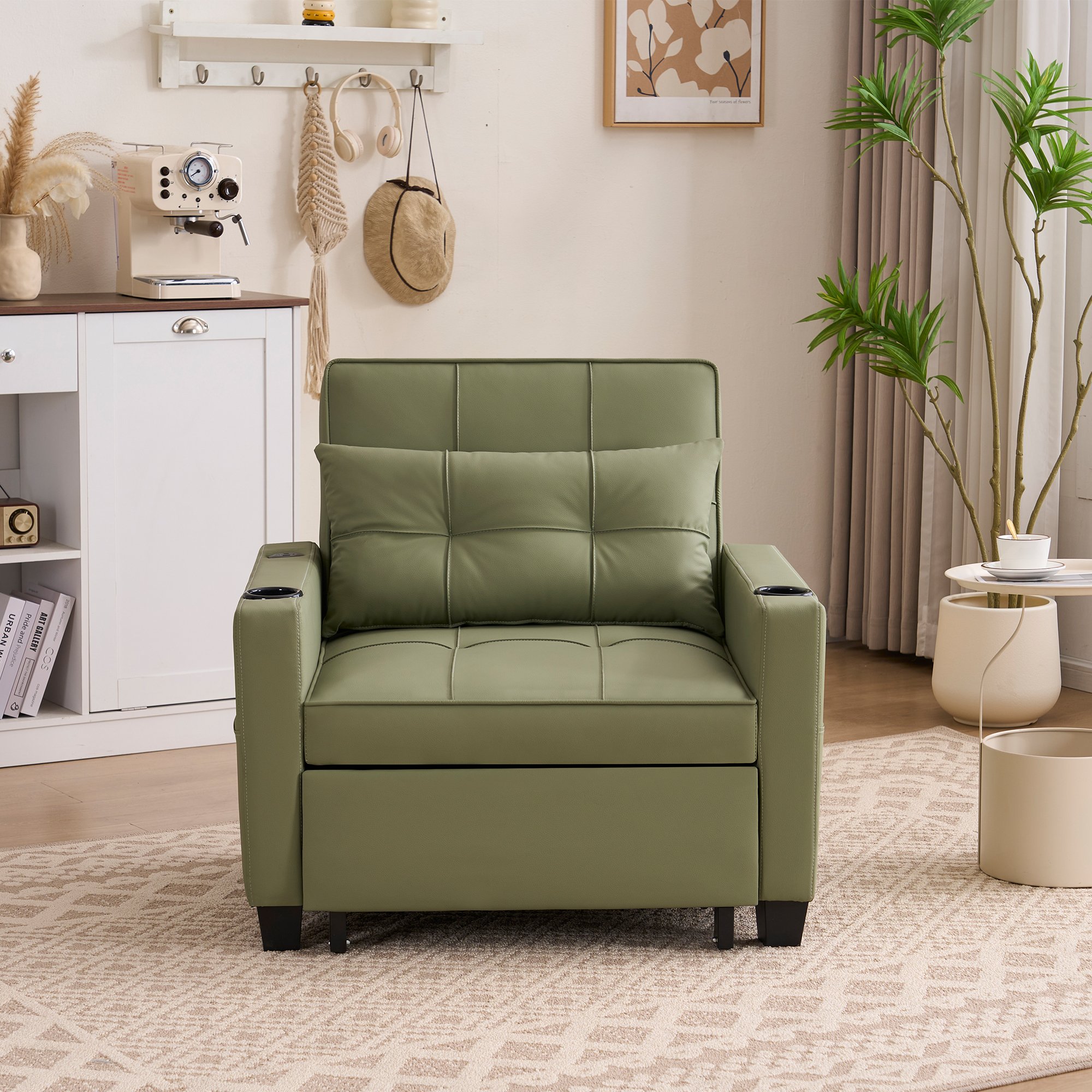 Canapé-lit convertible 1 place Avocado en bois et métal, fauteuil relax avec porte-gobelets, port USB et poche de rangement latérale pour petits espaces