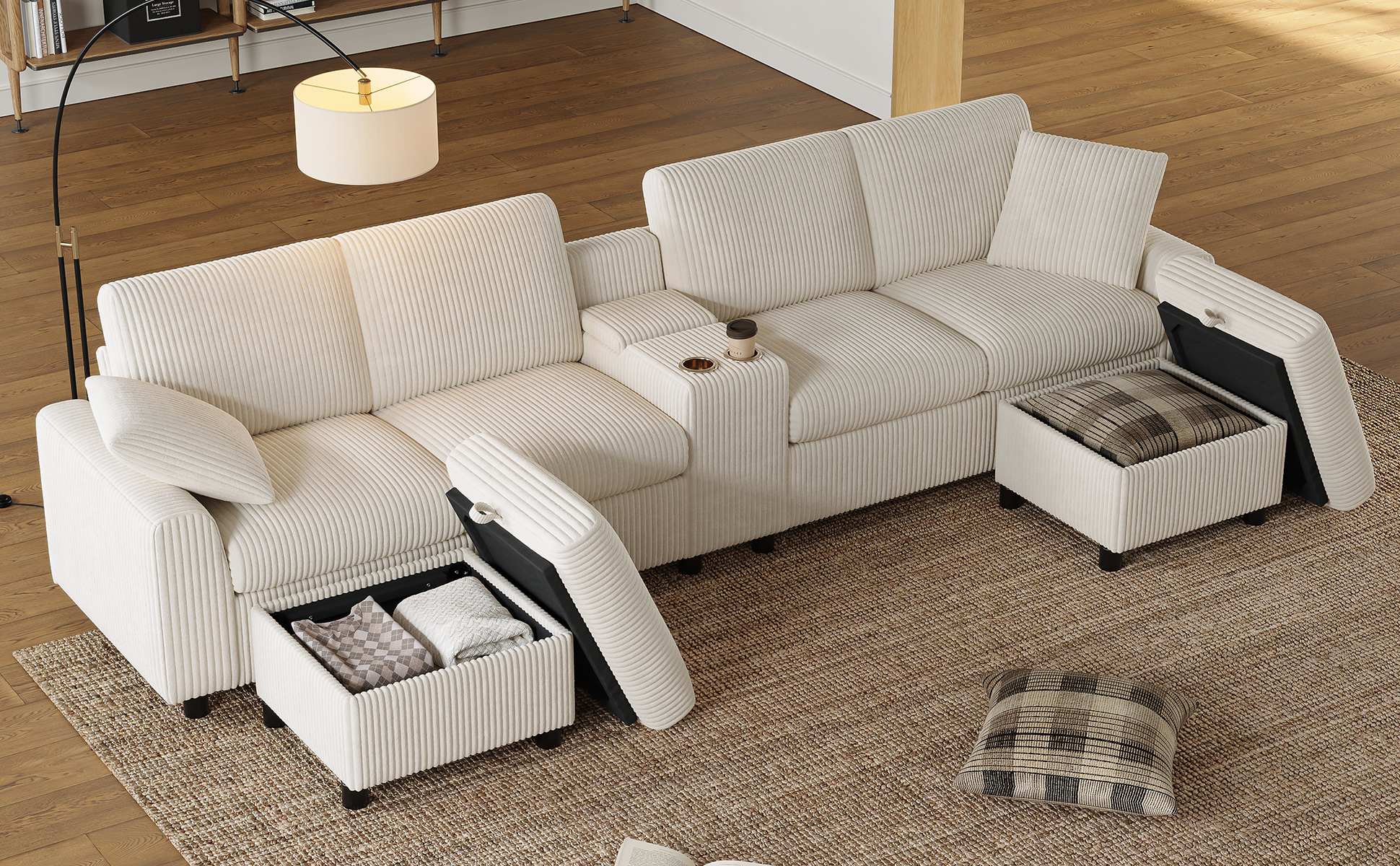 Canapé en U beige en velours côtelé avec coffre, 2 poufs, table basse et prises USB Type-C, 315 cm