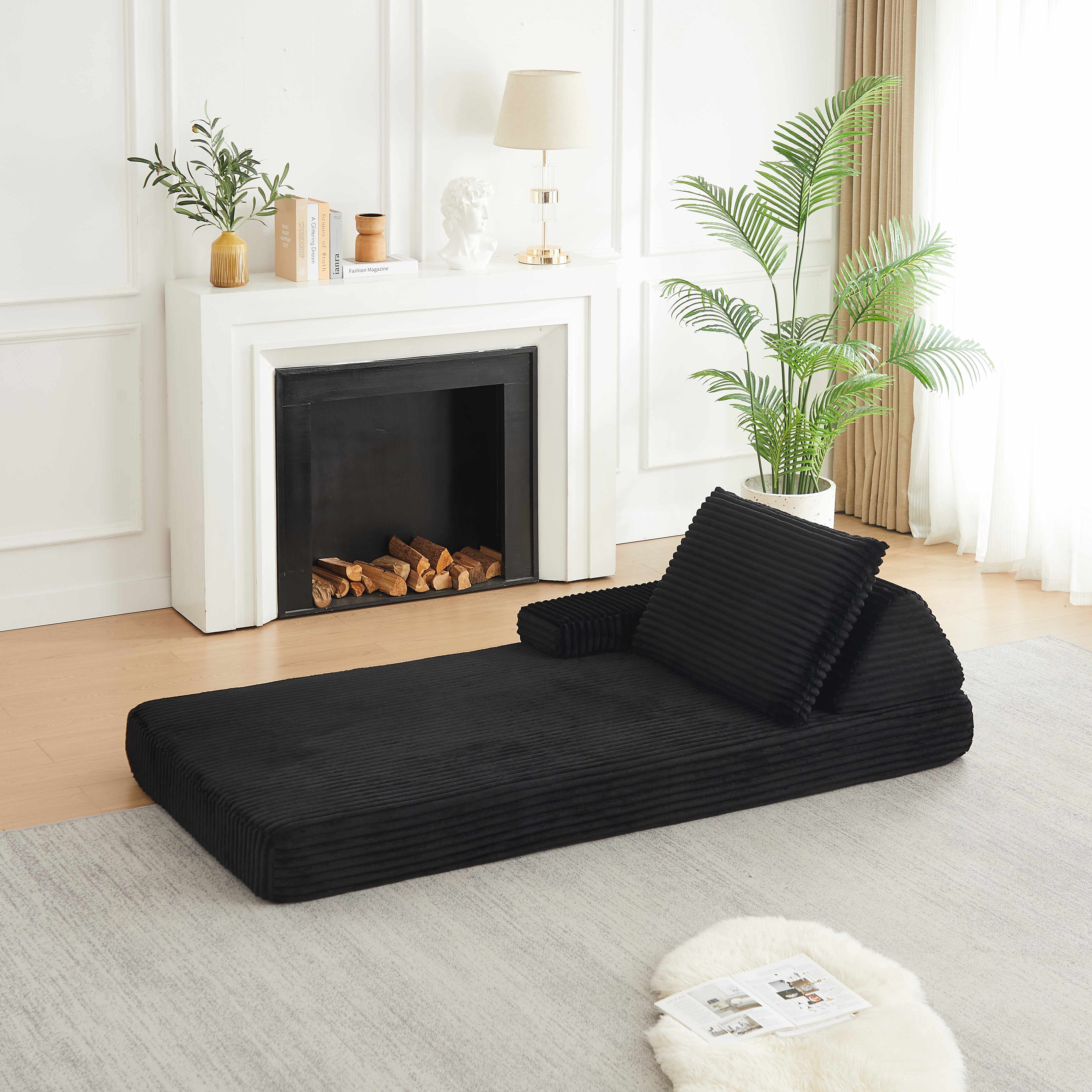 Canapé Modulable Noir 211x106cm en Velours Côtelé avec Dossiers Triangulaires Amovibles et Coussins Allongés pour Salon Moderne