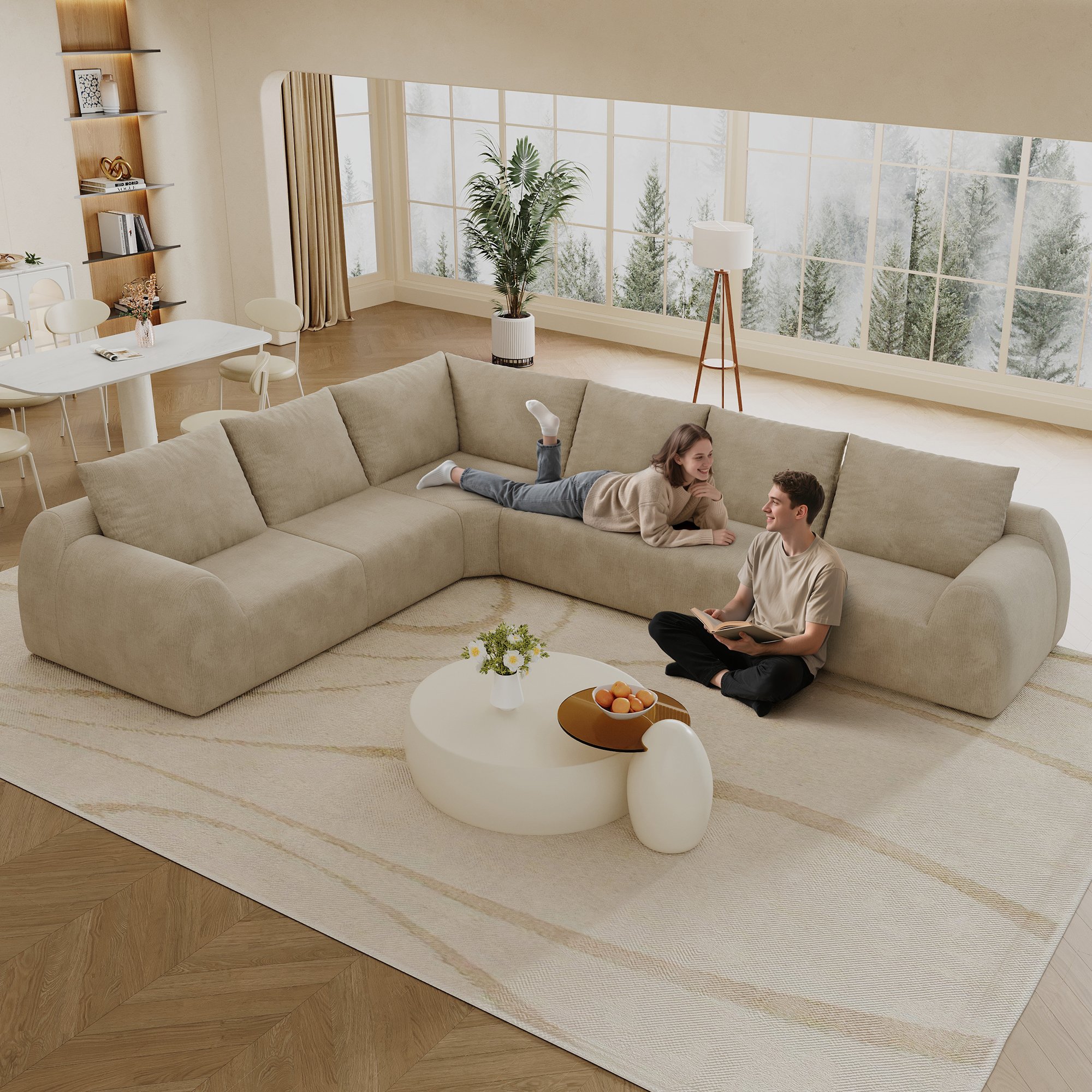 Canapé d'angle prêt à l'emploi, mousse souple et confortable, tissu chenille khaki, dimensions 334x267x85 cm, livraison facile