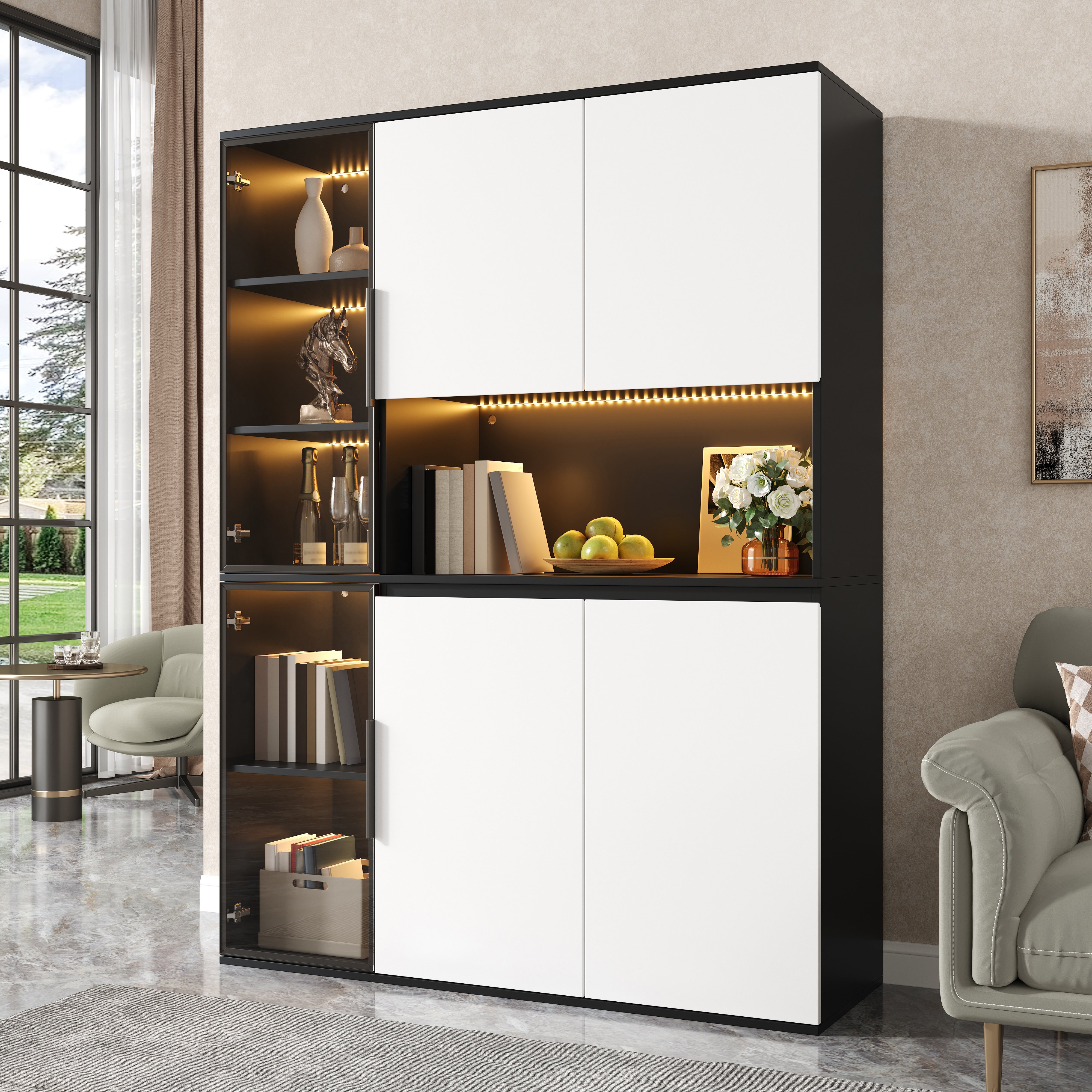 Vitrine Haute 160x40x120 cm, Meuble de Rangement Noir Blanc avec Éclairage LED et Compartiments Vitres