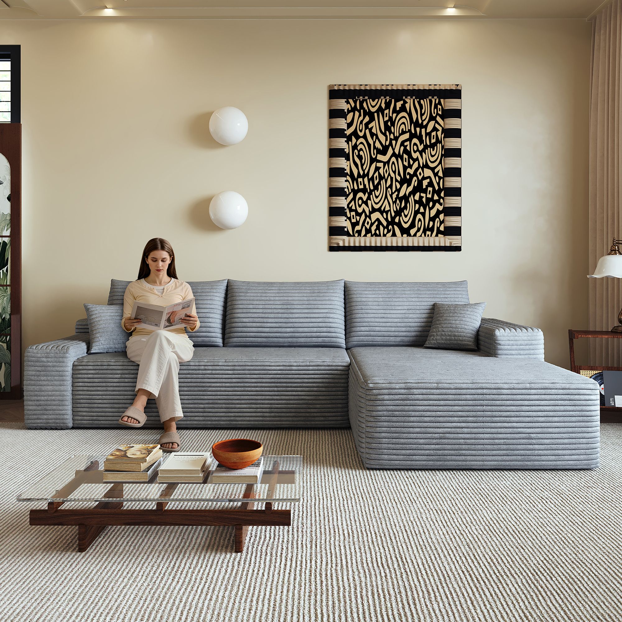 Grand canapé d'angle 270x175x83cm, format L avec méridienne, poids 51,6kg, idéal pour les grands salons ou chambres spacieuses