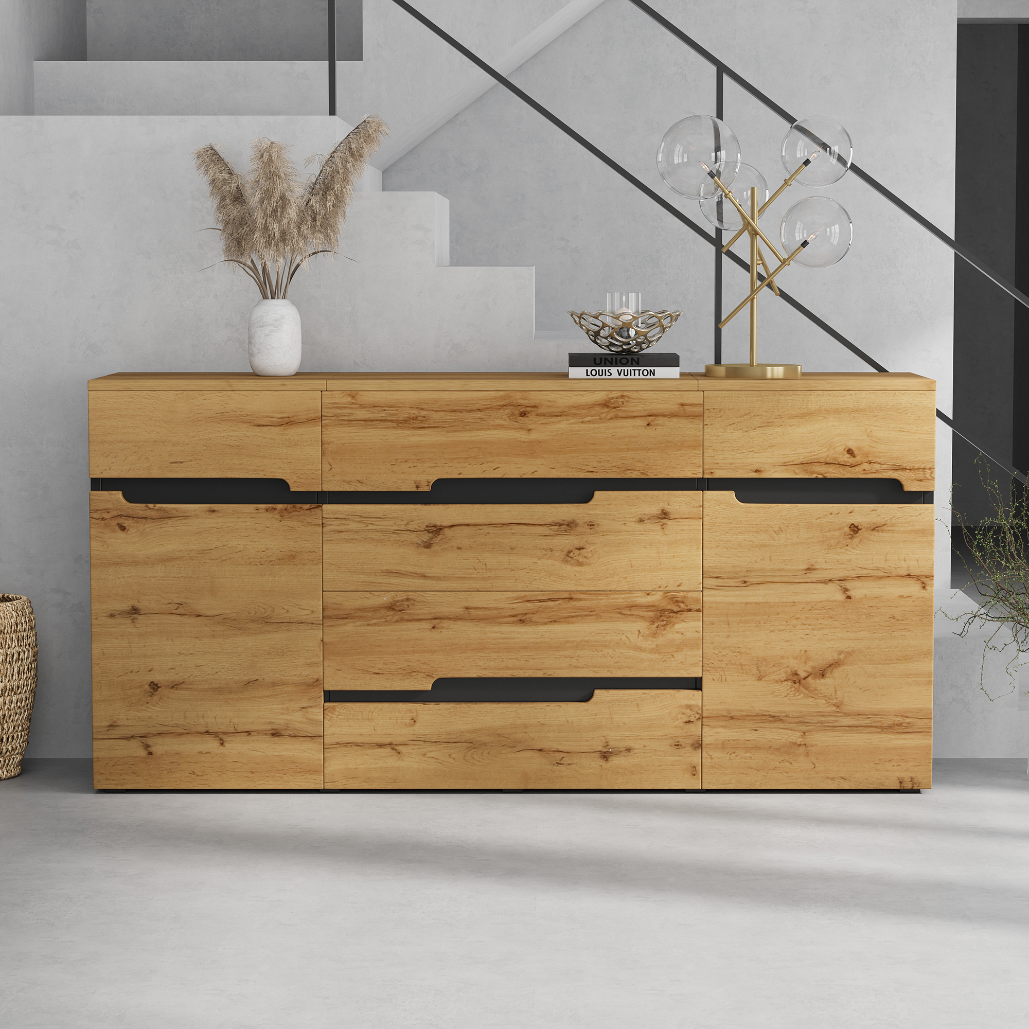 Buffet Moderne 160x40x80 cm avec 2 Portes et 4 Tiroirs, Meuble de Rangement Noir et Bois pour Salon