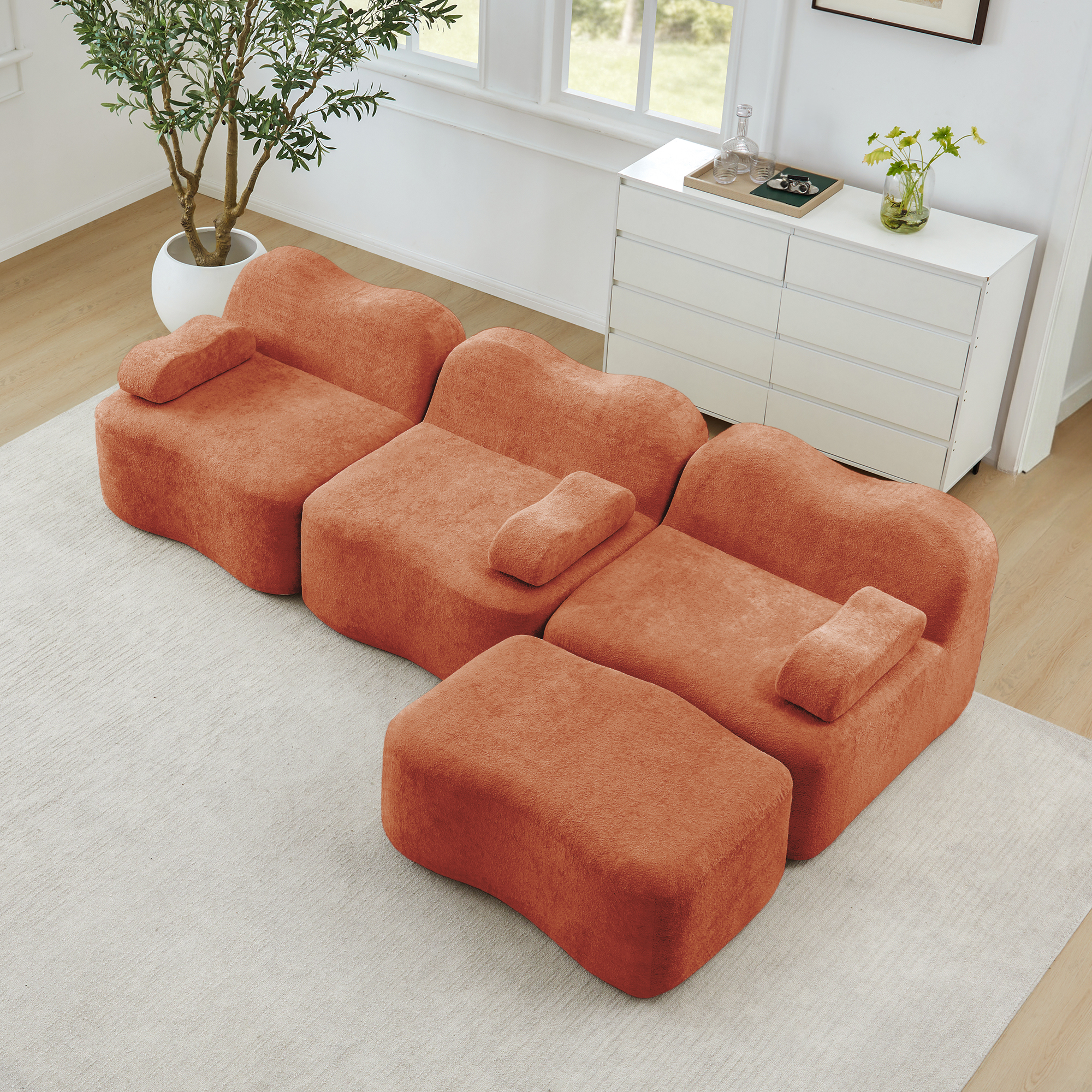 Canapé d'angle modulable 3 places avec ottoman, assise profonde et mousse haute densité 32D pour grand confort salon moderne