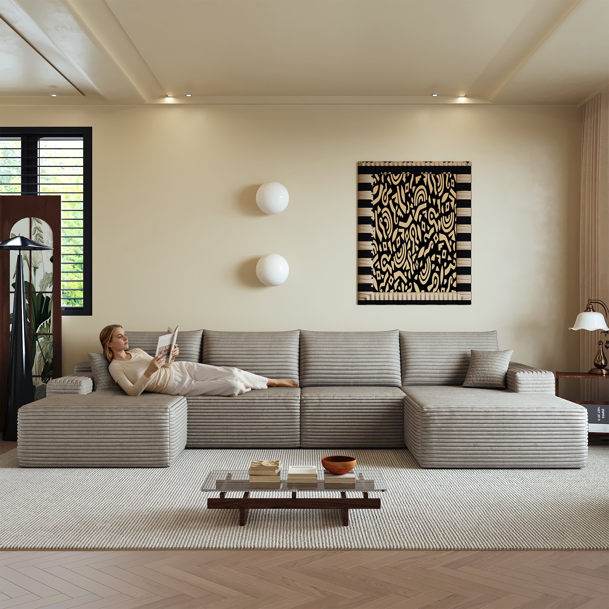 Canapé d'angle 340x175x83 cm en velours côtelé camel, structure modulaire sans montage, assise profonde et mousse haute élasticité pour salon moderne
