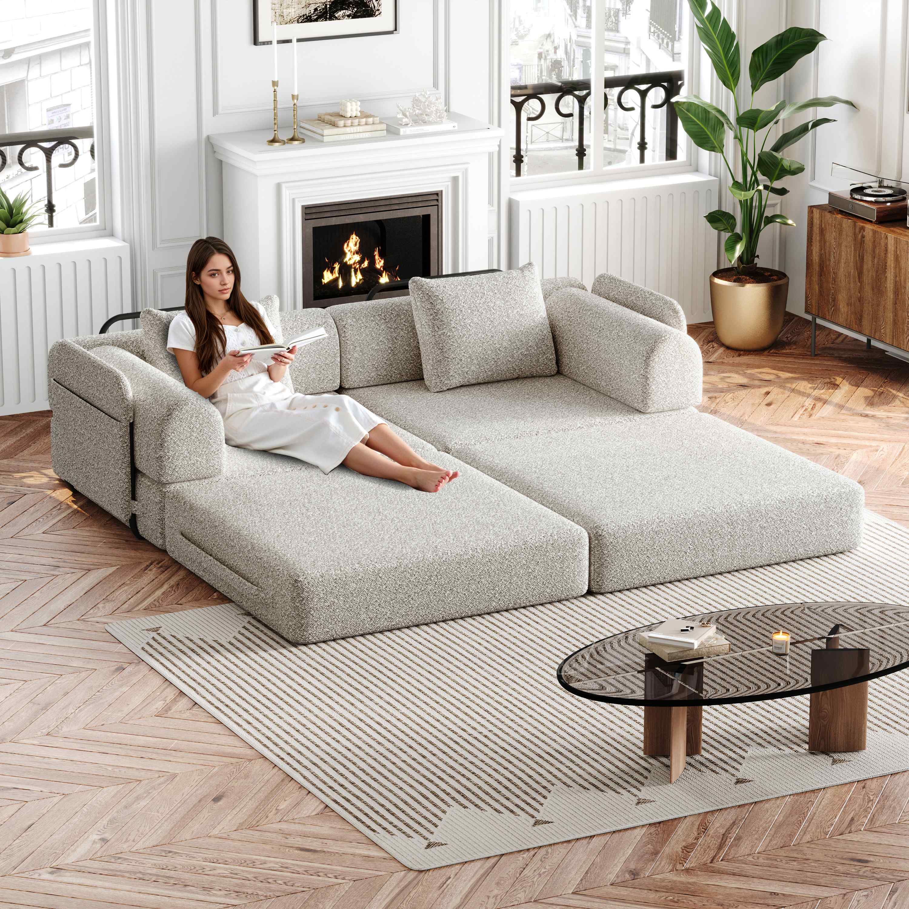Canapé-lit convertible en chenille khaki avec rangement dans l'accoudoir, structure acier et coussins Velcro pour un sommeil confortable.