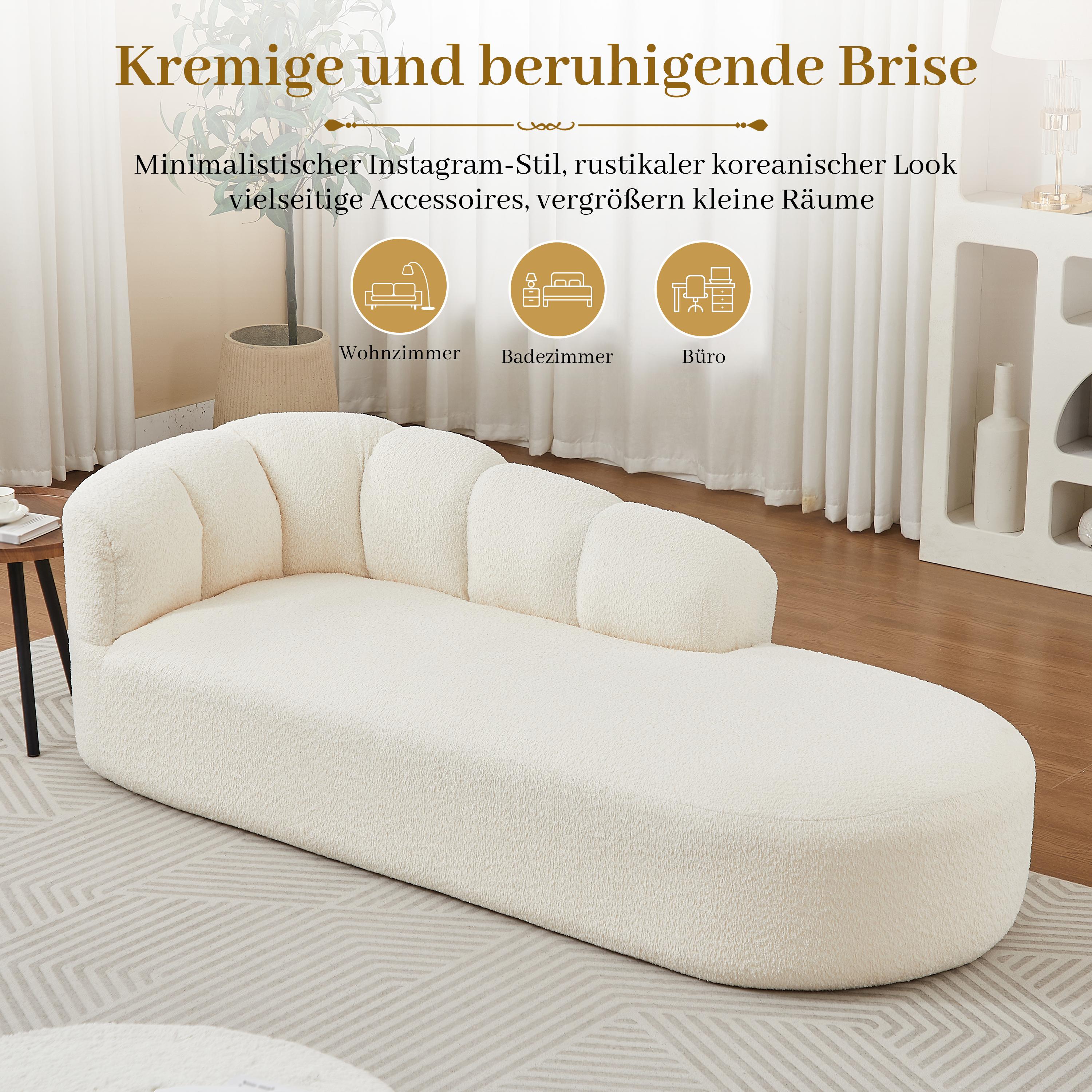 Chaise longue tissu chenille doux beige, structure courbe continue sans accoudoirs, coussin moelleux pour coin lecture ou entrée