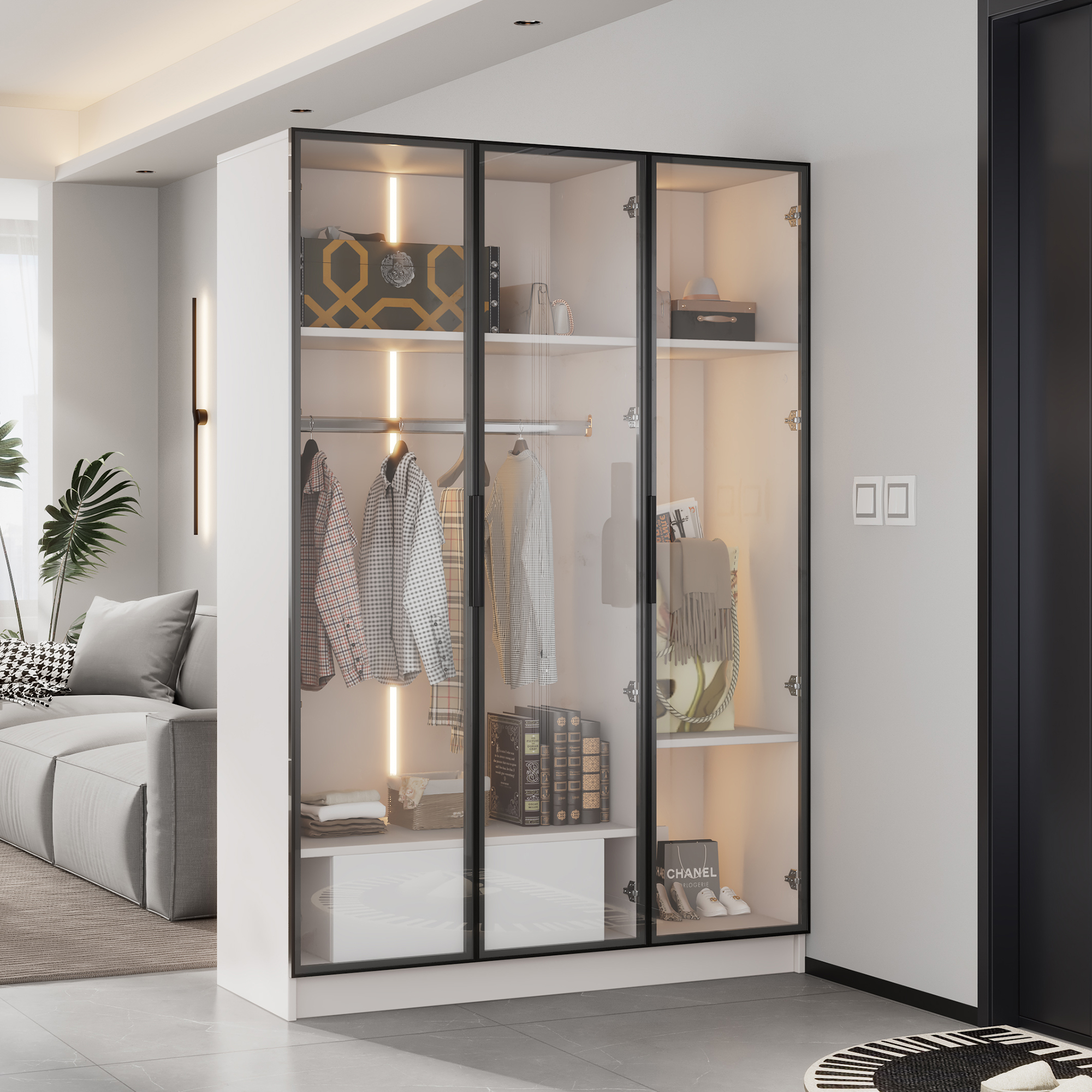 Armoire Blanche Panneaux de Particules, 3 Portes Verre Transparent, Tiroir Intégré, Penderie, Charpente Solide, 110x50x160 cm