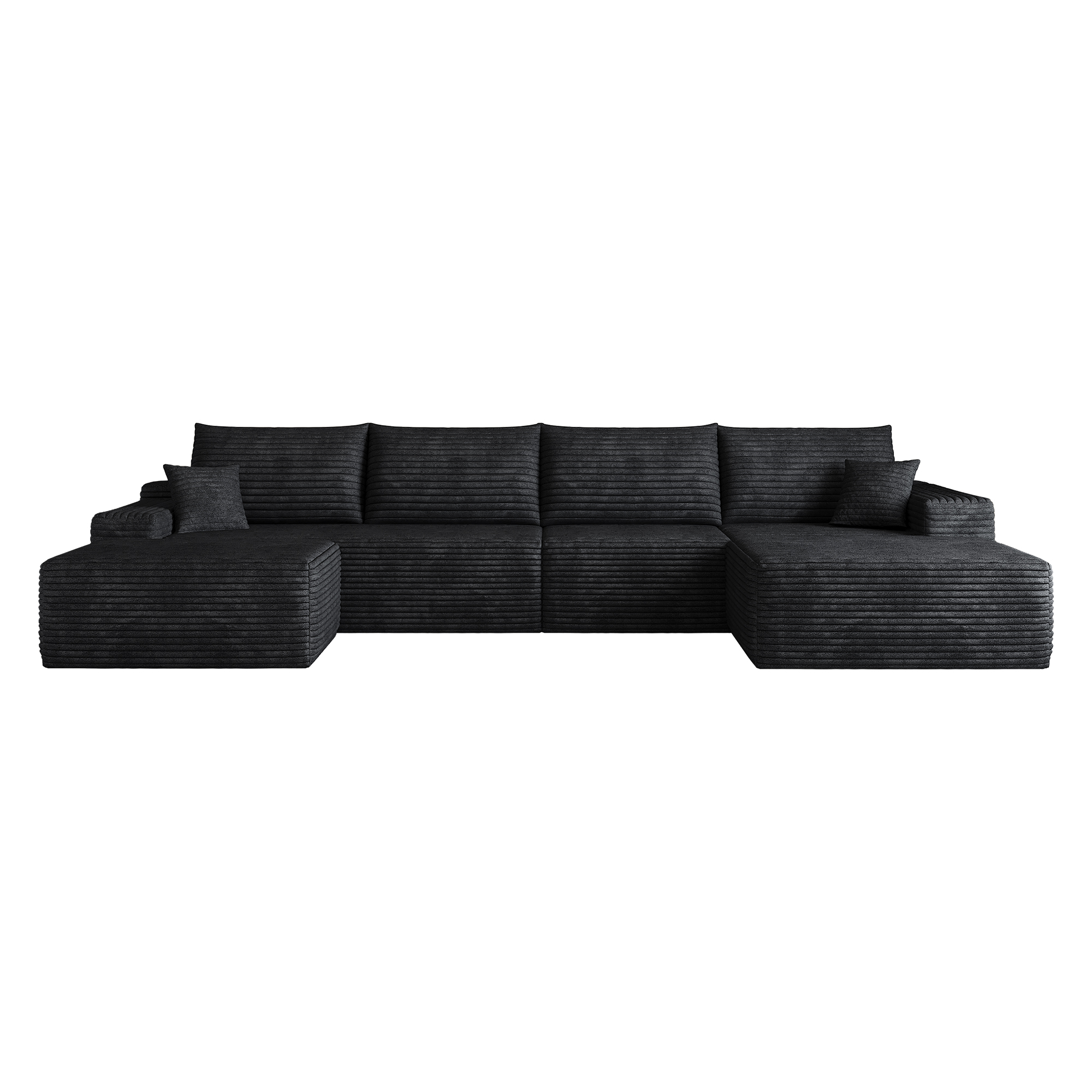 Canapé d'angle noir 340x175x83 cm en tissu velours côtelé, structure modulaire sans montage, coussins confortables pour salon et chambre