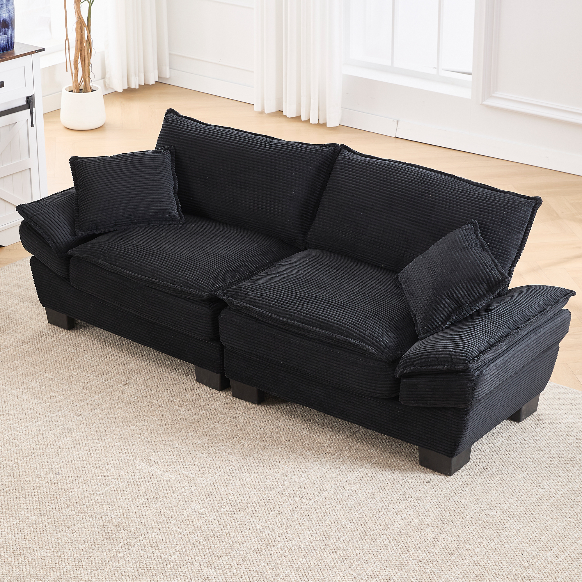 Canapé 2 places en velours noir 224x81x81 cm avec coussins inclus et accoudoirs rembourrés