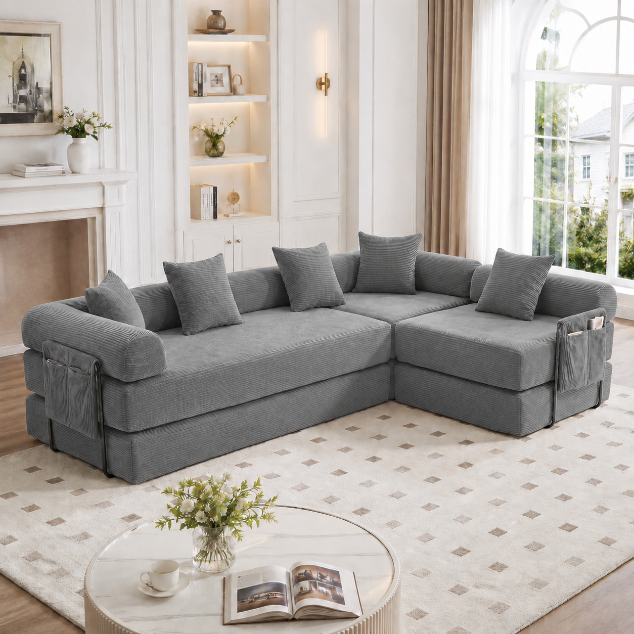 Lit avec rangement 270x180x64 cm en velours côtelé gris foncé, structure modulable et rangement latéral intégré