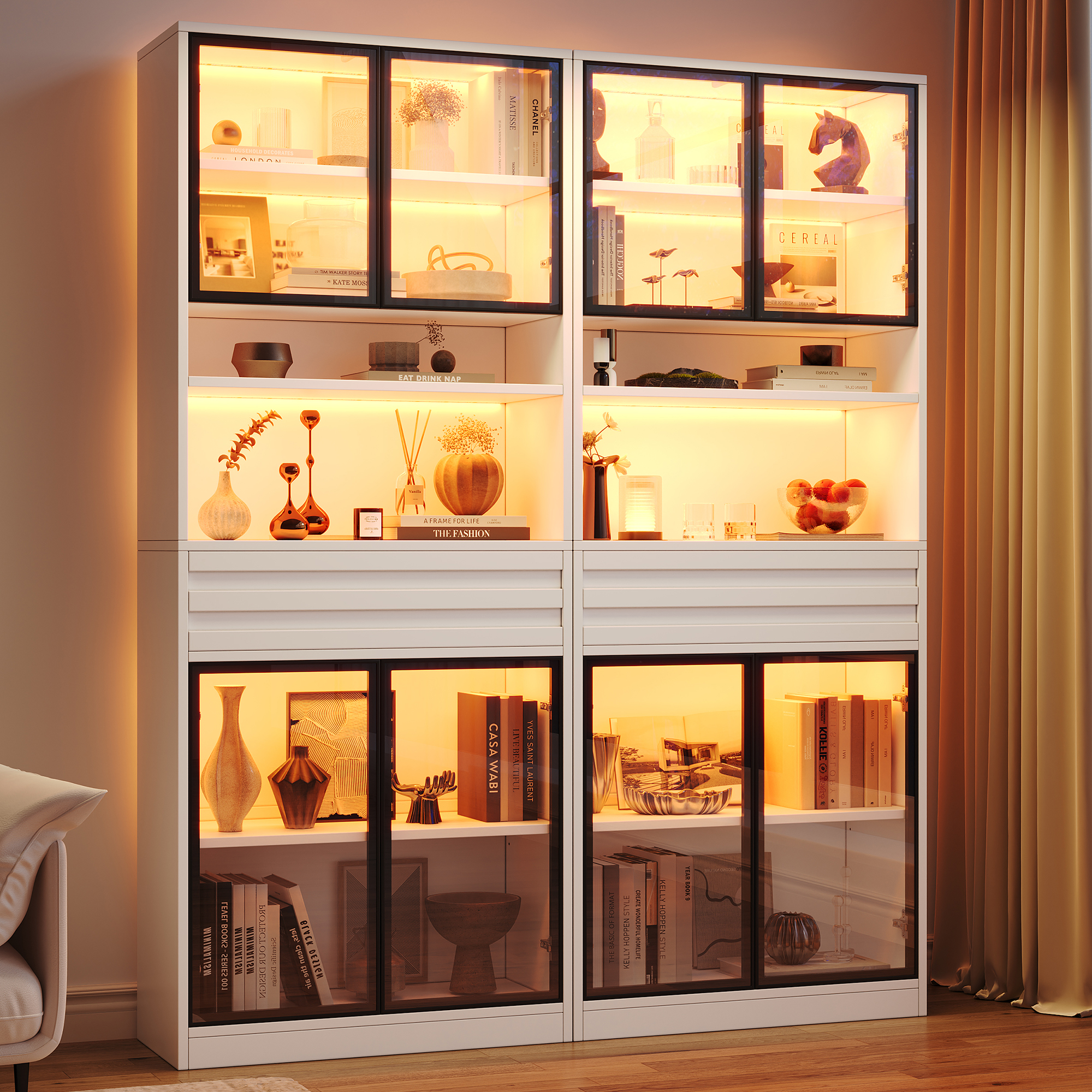 Vitrine Blanche Panneau composite de fibres de bois à densité 160x35x200 cm, Meuble à 8 Portes Verre et 2 Tiroirs, Éclairage LED Connecté par App Smartphone