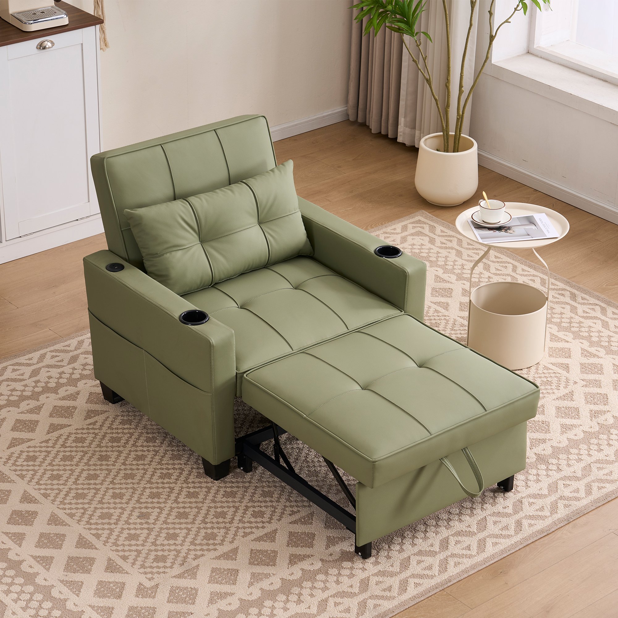 Canapé-lit convertible 1 place Avocado en bois et métal, fauteuil relax avec porte-gobelets, port USB et poche de rangement latérale pour petits espaces