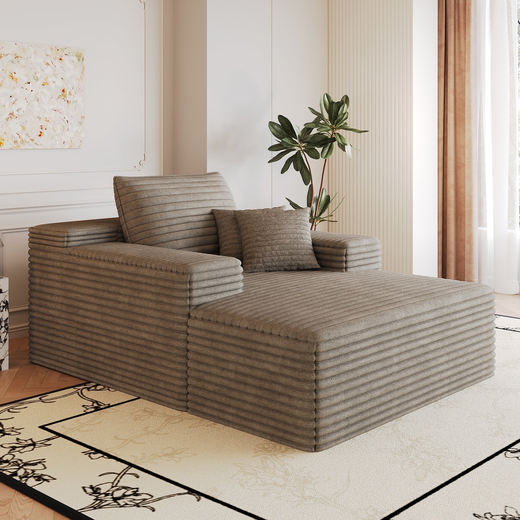 Canapé droit 115x159cm en velours côtelé camel, assise profonde sans montage, mousse haute élasticité, style moderne pour salon et chambre à coucher