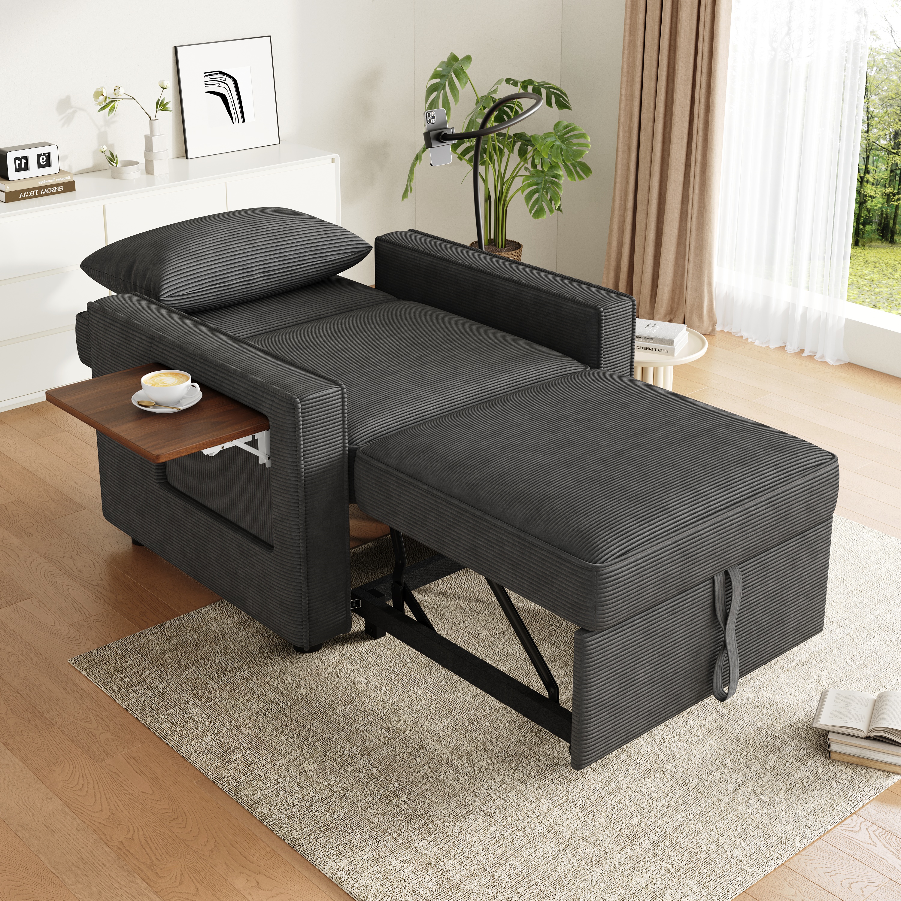 Canapé 1 place 93x150x85 cm avec couchage 177x70 cm, dossier réglable 3 positions et tiroir intégré