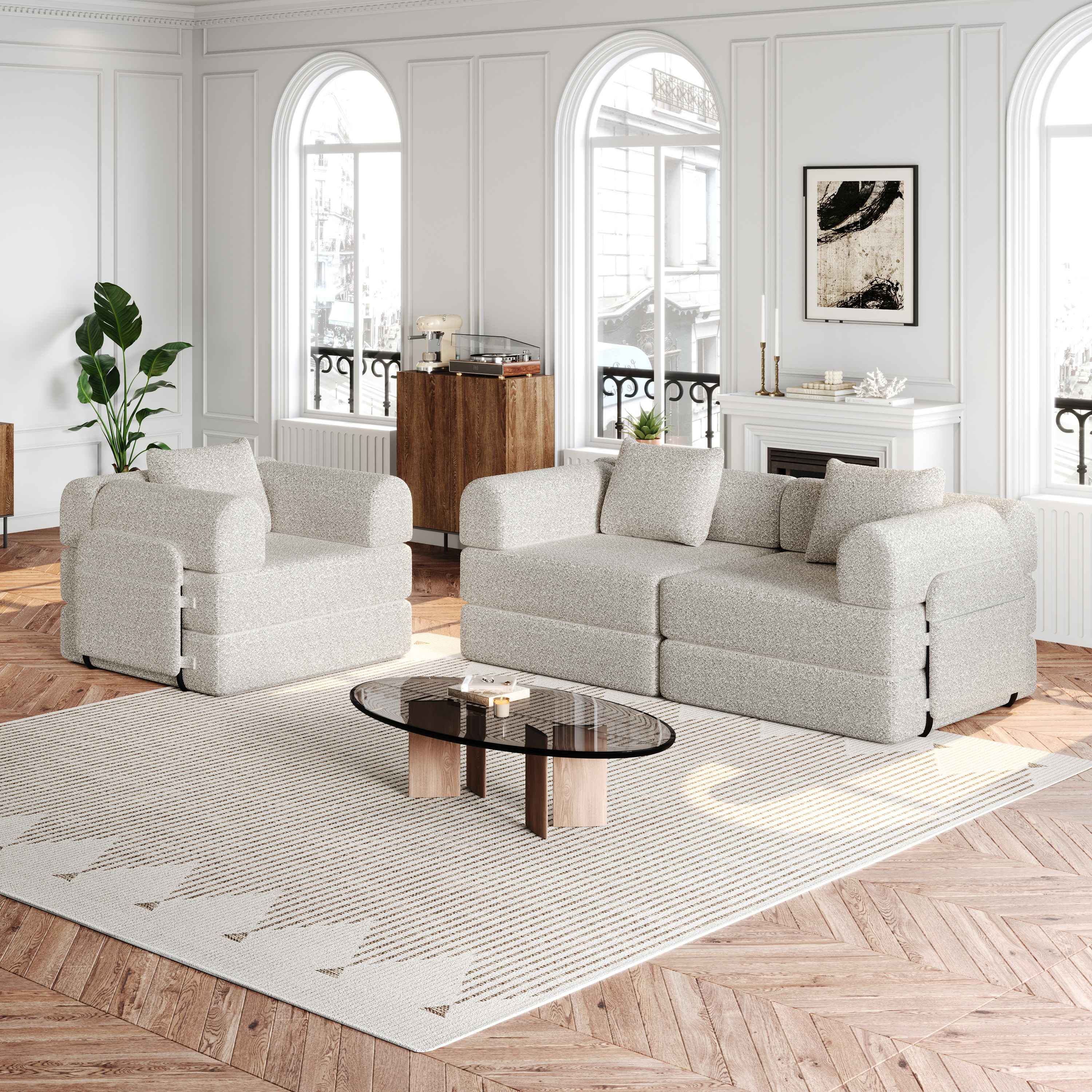 Canapé-lit convertible 2-en-1 en tissu chenille khaki avec rangement dans l'accoudoir, structure acier et design modulable pour petit espace