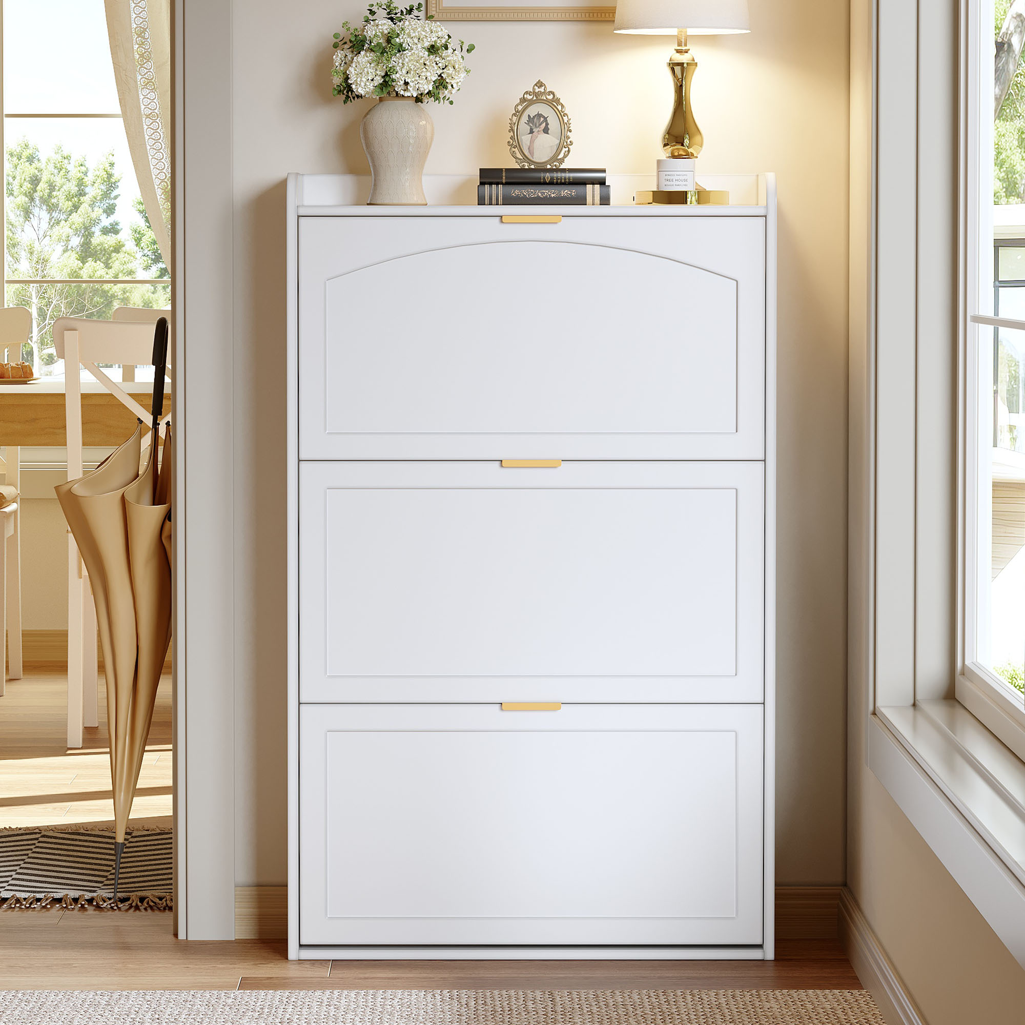 Meuble à chaussures 76x23x118 cm, Placard Étroit Blanc pour Petit Espace, Rangement Chaussées Moderne avec 3 Portes
