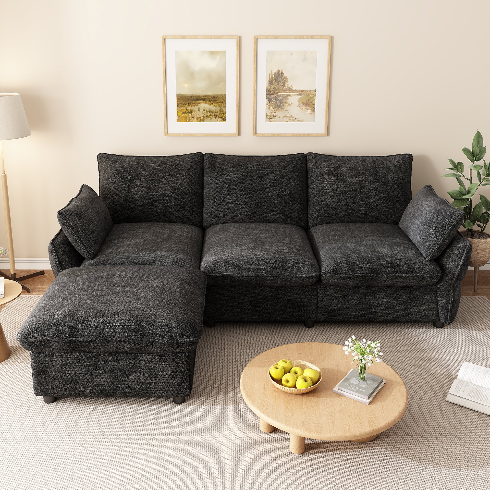 Canapé d'angle 3 places en chenille gris foncé avec ottoman et coussins, structure bois et métal, dimensions 222,5x154,5x76,5 cm pour salon moderne