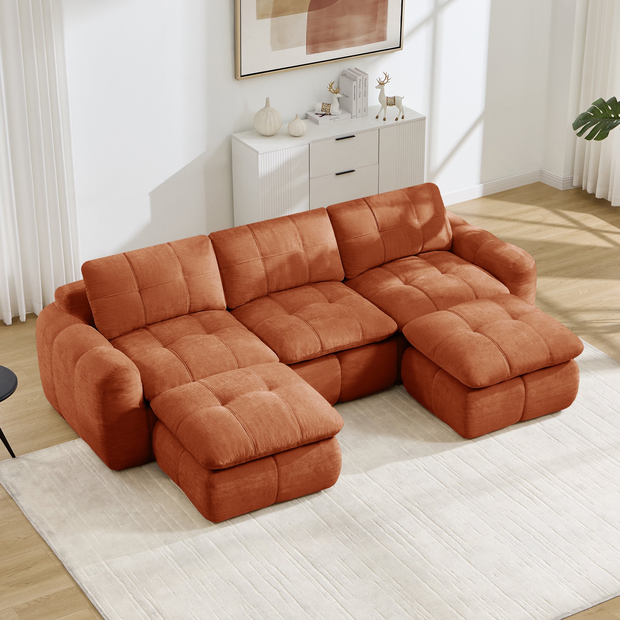 Canapé Modulable 3 Places Orange en Chenille, Structure Sans Cadre Mousse Haute Densité, Confort Nuage pour Salon et Appartement