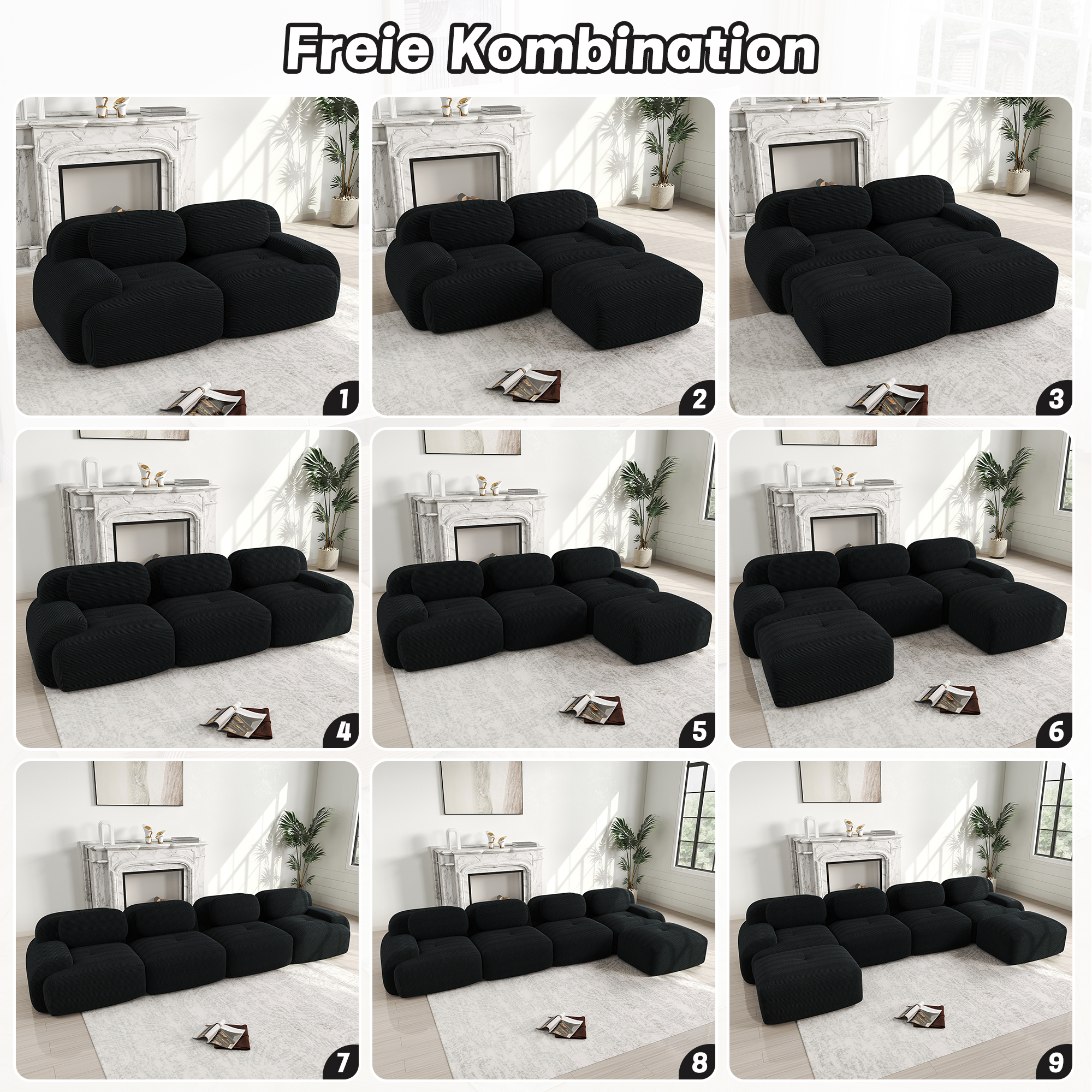 Canapé d'angle 4 places en velours côtelé noir avec méridienne, accoudoirs extra-larges et assise 32D