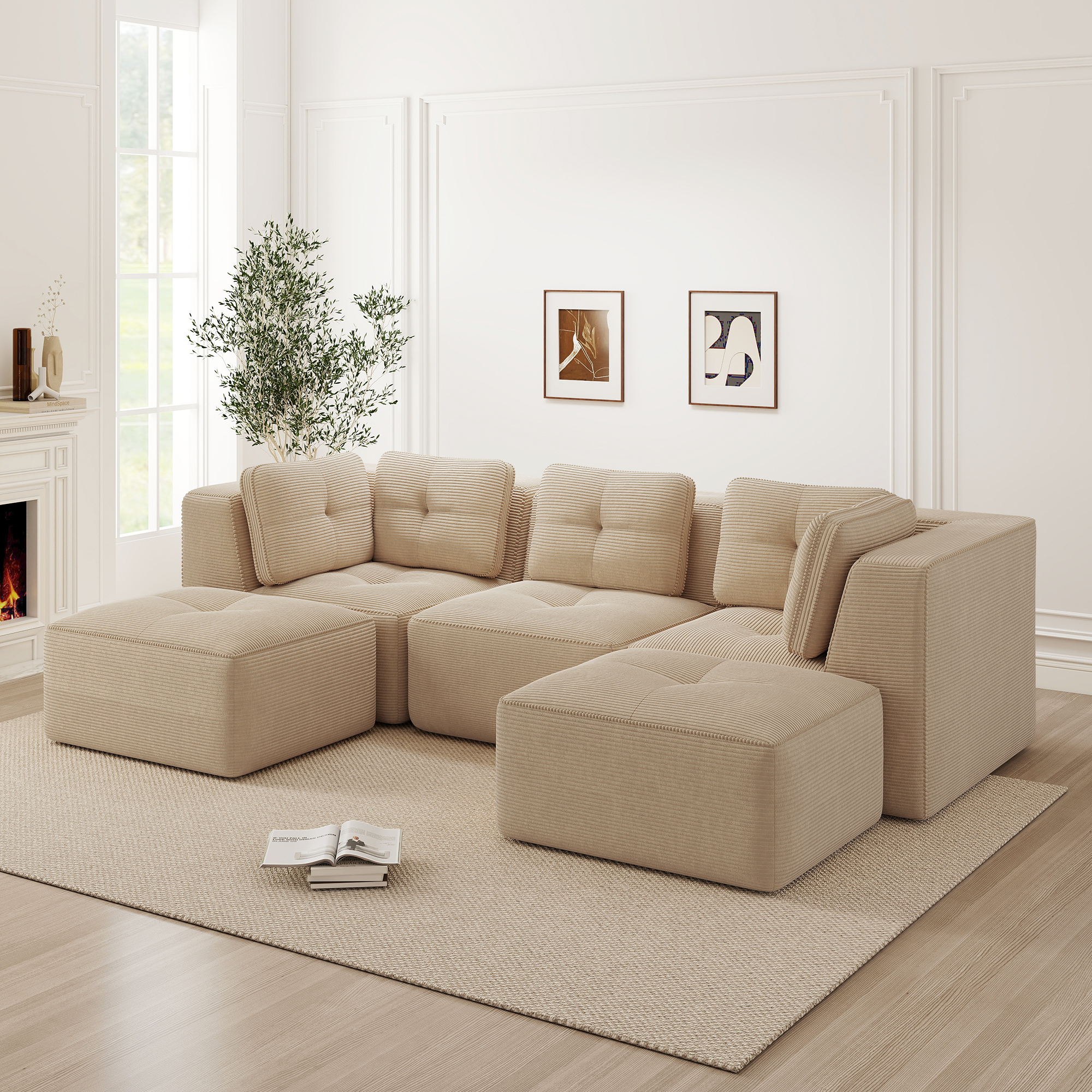 Canapé d'angle modulable 3 places en velours côtelé beige, structure panoramique sans cadre pour salon moderne
