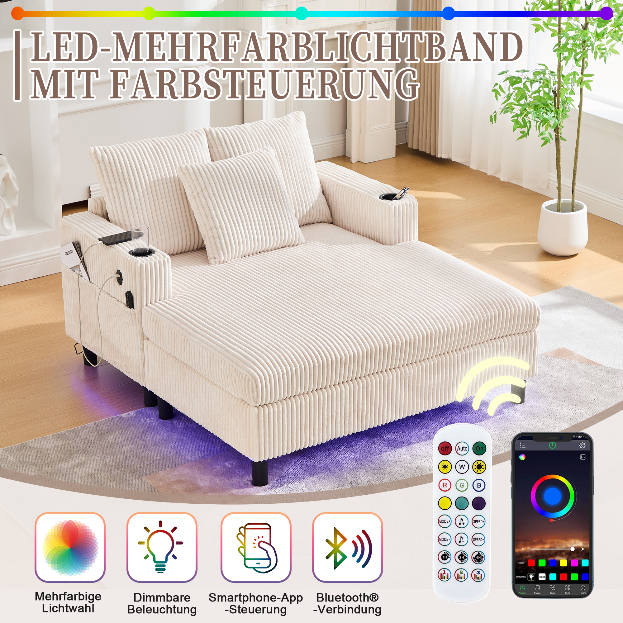 Canapé beige en velours côtelé avec LED multicolore, USB et porte-gobelets intégrés, 142x128x85 cm