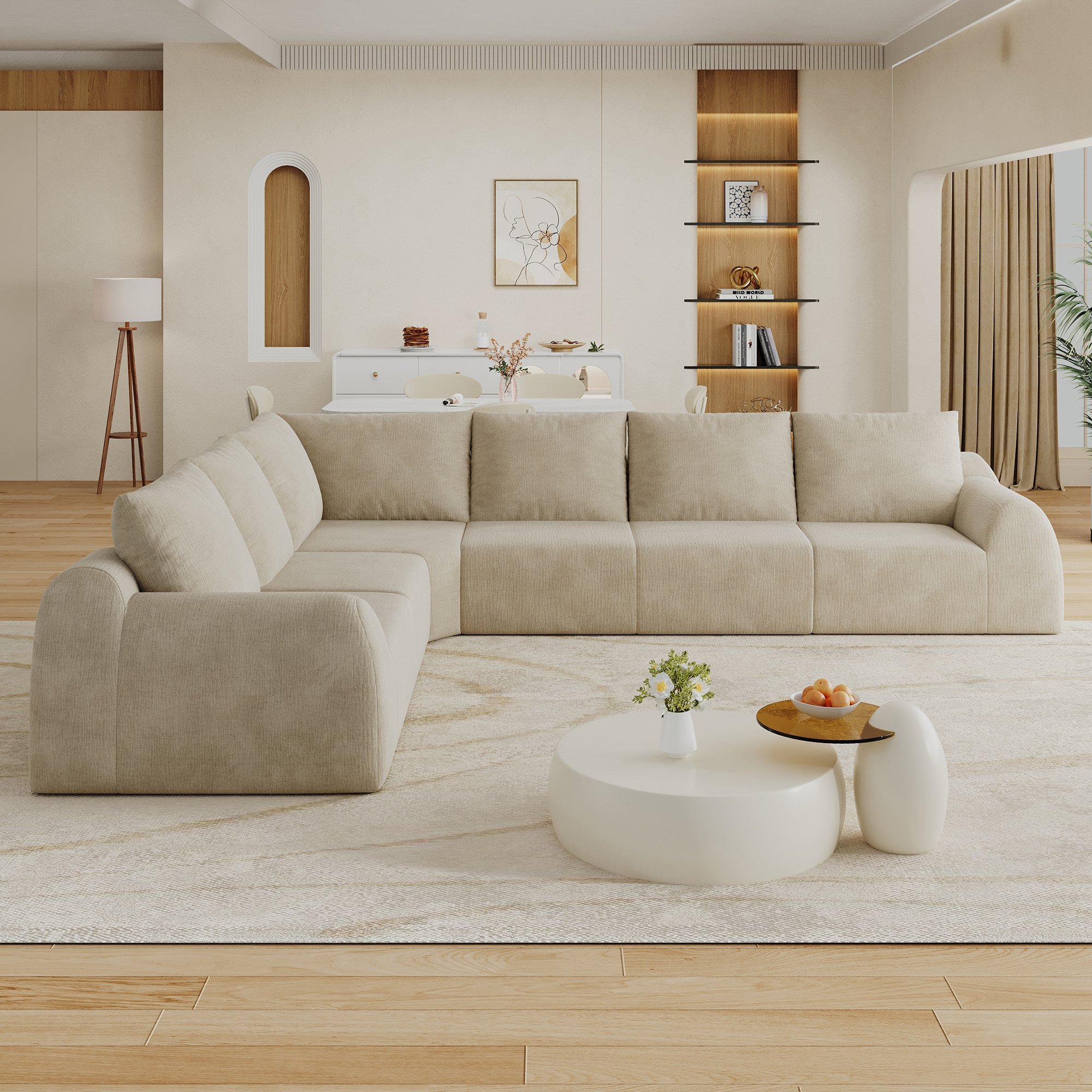 Canapé d'angle prêt à l'emploi, mousse souple et confortable, tissu chenille khaki, dimensions 334x267x85 cm, livraison facile