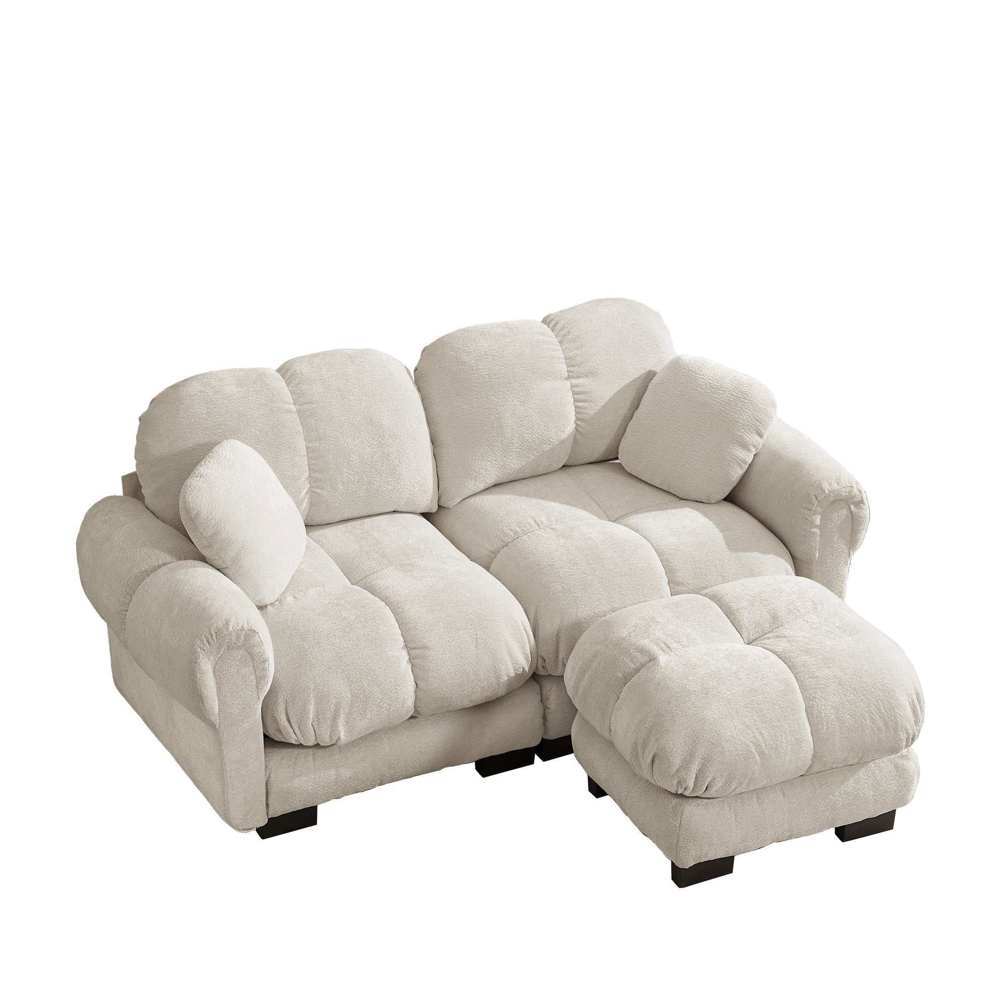 Canapé d'angle modulable 2 places couleur kaki clair en chenille, avec pouf ottoman détachable et coussin lombaire inclus
