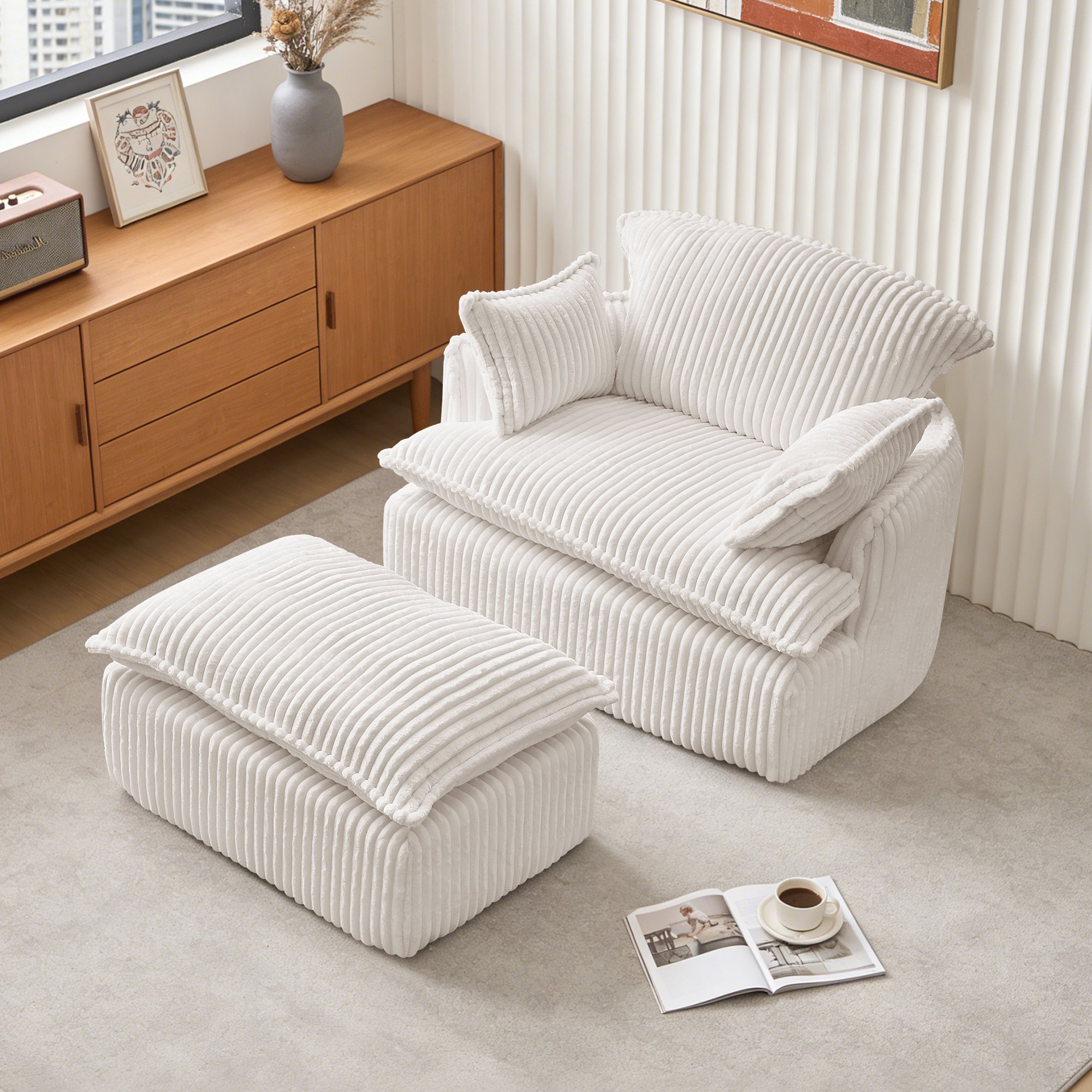 Fauteuil Compresse avec Repose-Pieds et Coussins, Canapé Confortable en Tissu Flanelle Beige pour Salon Moderne