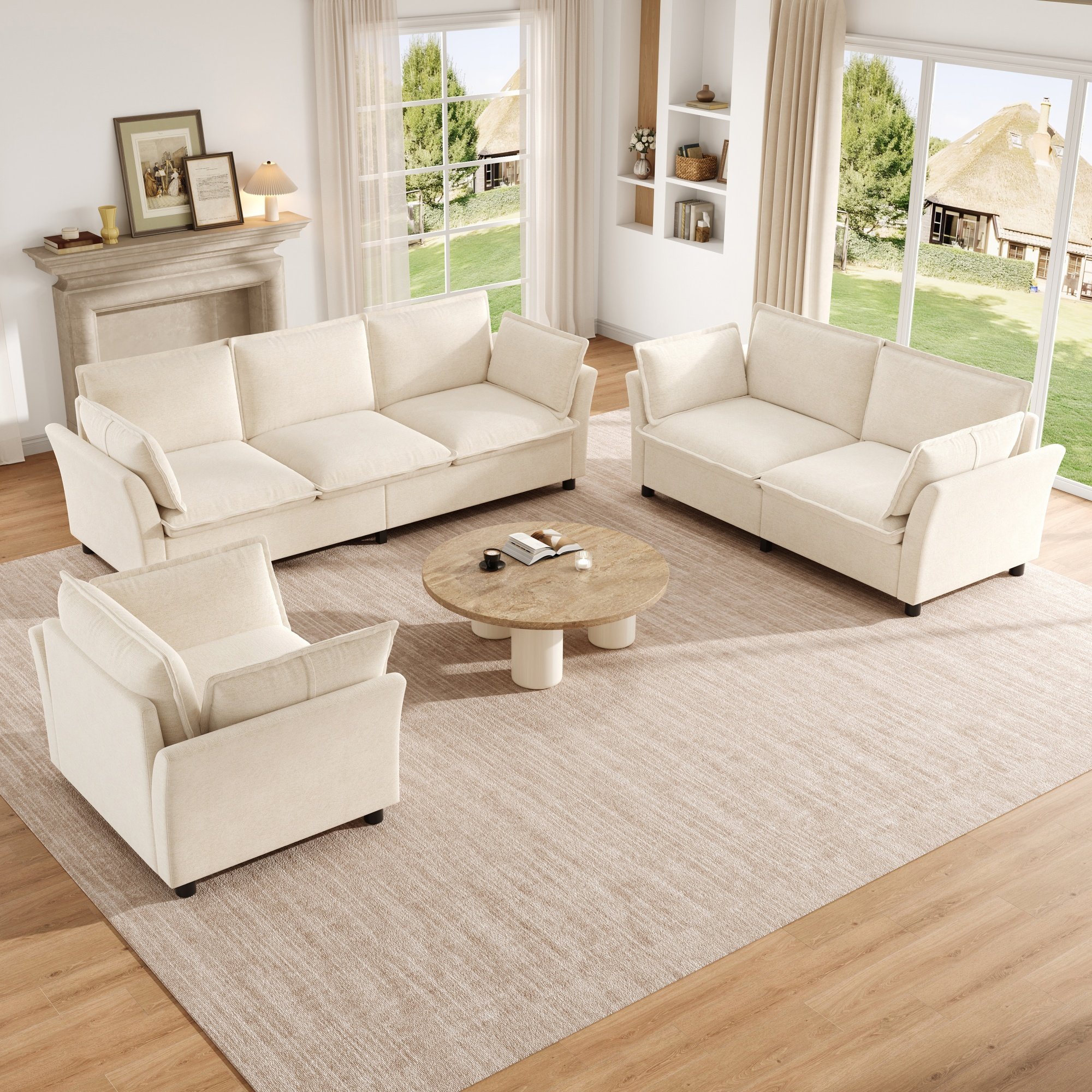 Kit Canapé Modulable Beige Chenille 3-2-1, Meubles Salon Modernes avec Accoudoirs Arrondis et Coussins Inclus