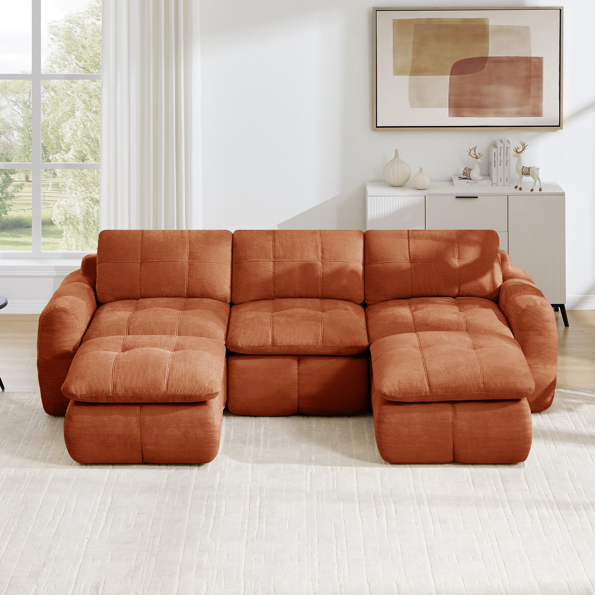 Canapé Modulable 3 Places Orange en Chenille, Structure Sans Cadre Mousse Haute Densité, Confort Nuage pour Salon et Appartement