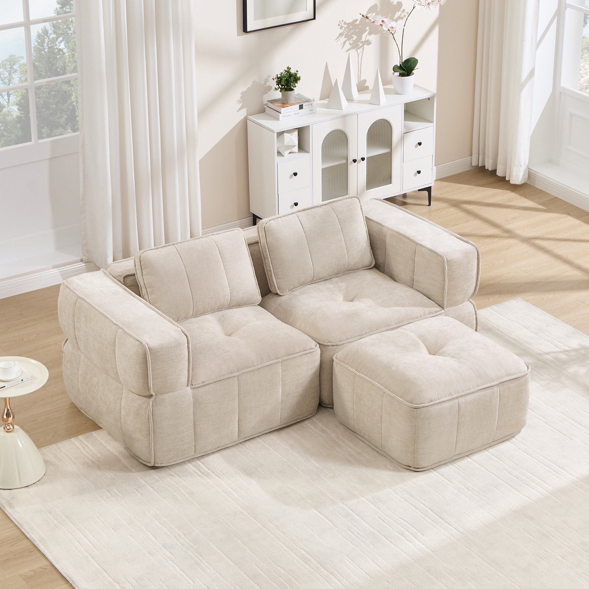 Canapé d'angle modulable 2 places beige sans structure avec ottoman, tissu polyester, assise profonde, pour salon moderne