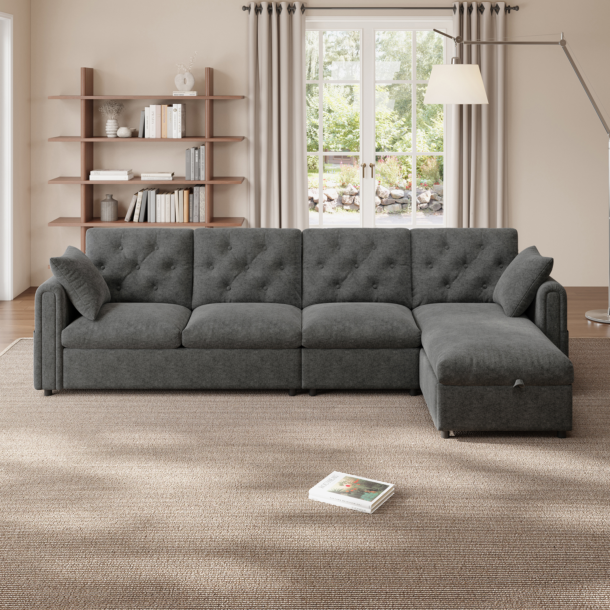 Canapé d'angle convertible en polyester et flanelle gris avec coffre et rangement latéral intégré