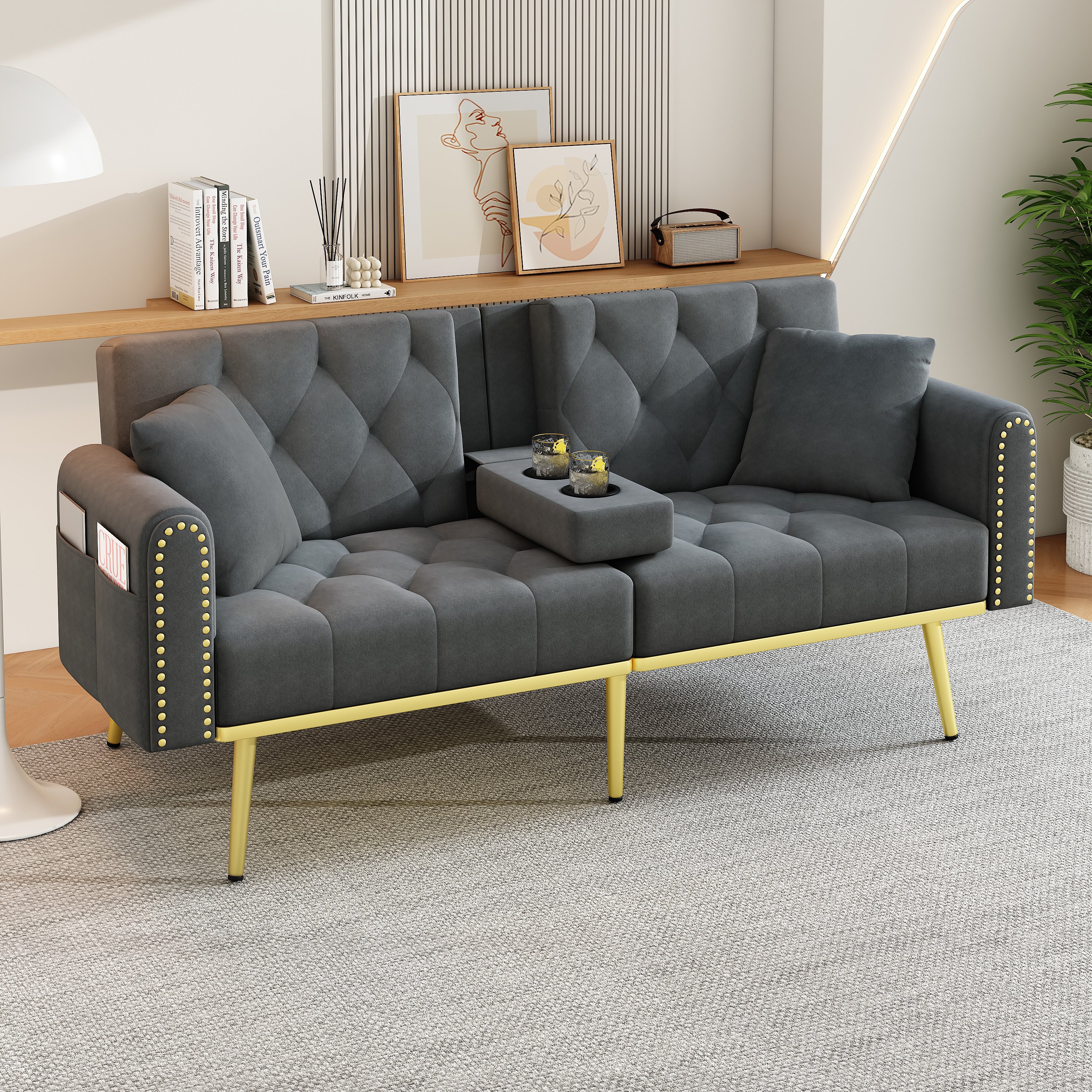 Canapé-lit convertible en velours gris 175x80x73,5 cm cadre bois massif et pieds métal avec dossier inclinable