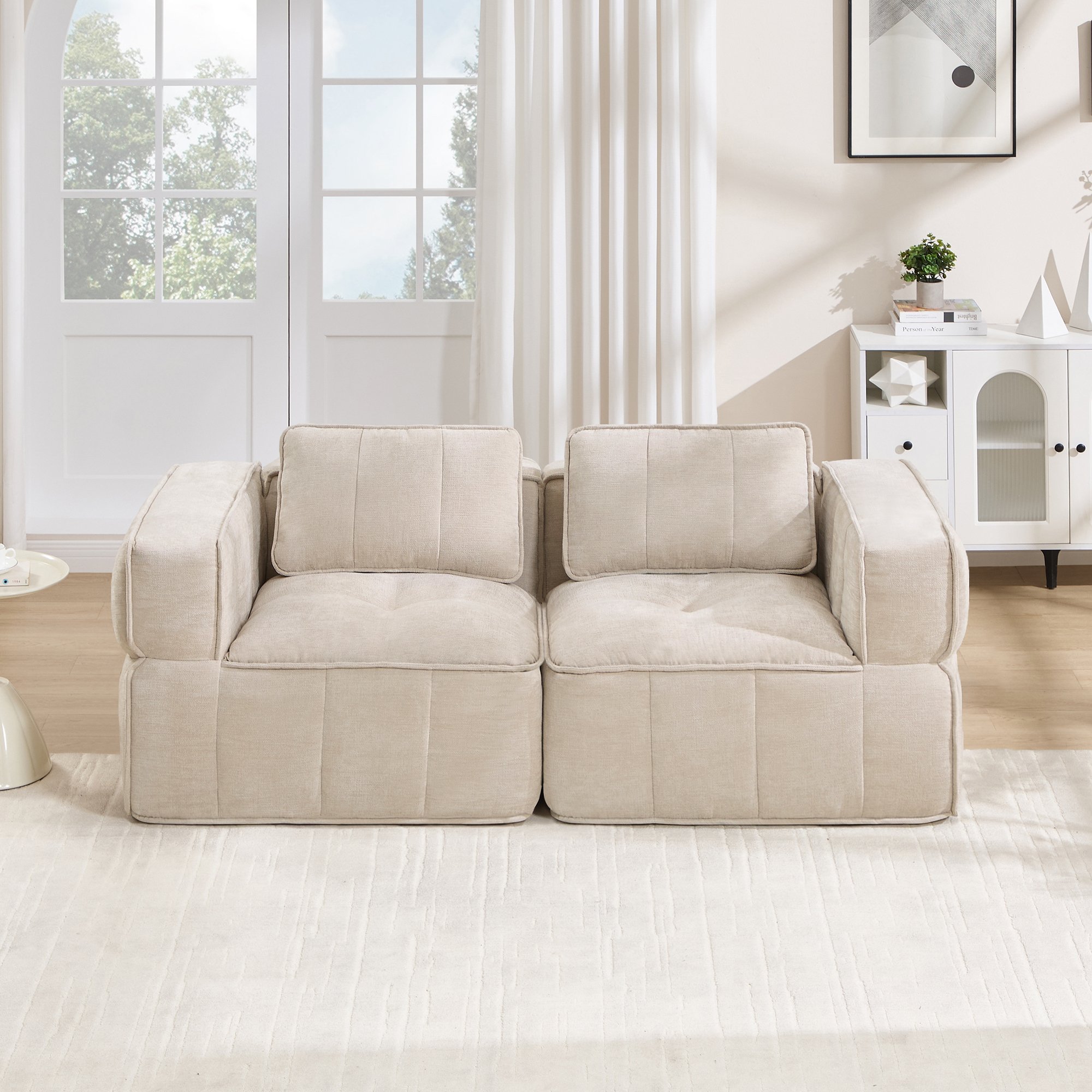 Canapé 2 places beige sans structure, mousse haute densité 32D, assise profonde et confort immédiat pour salon moderne, 198x93x67 cm