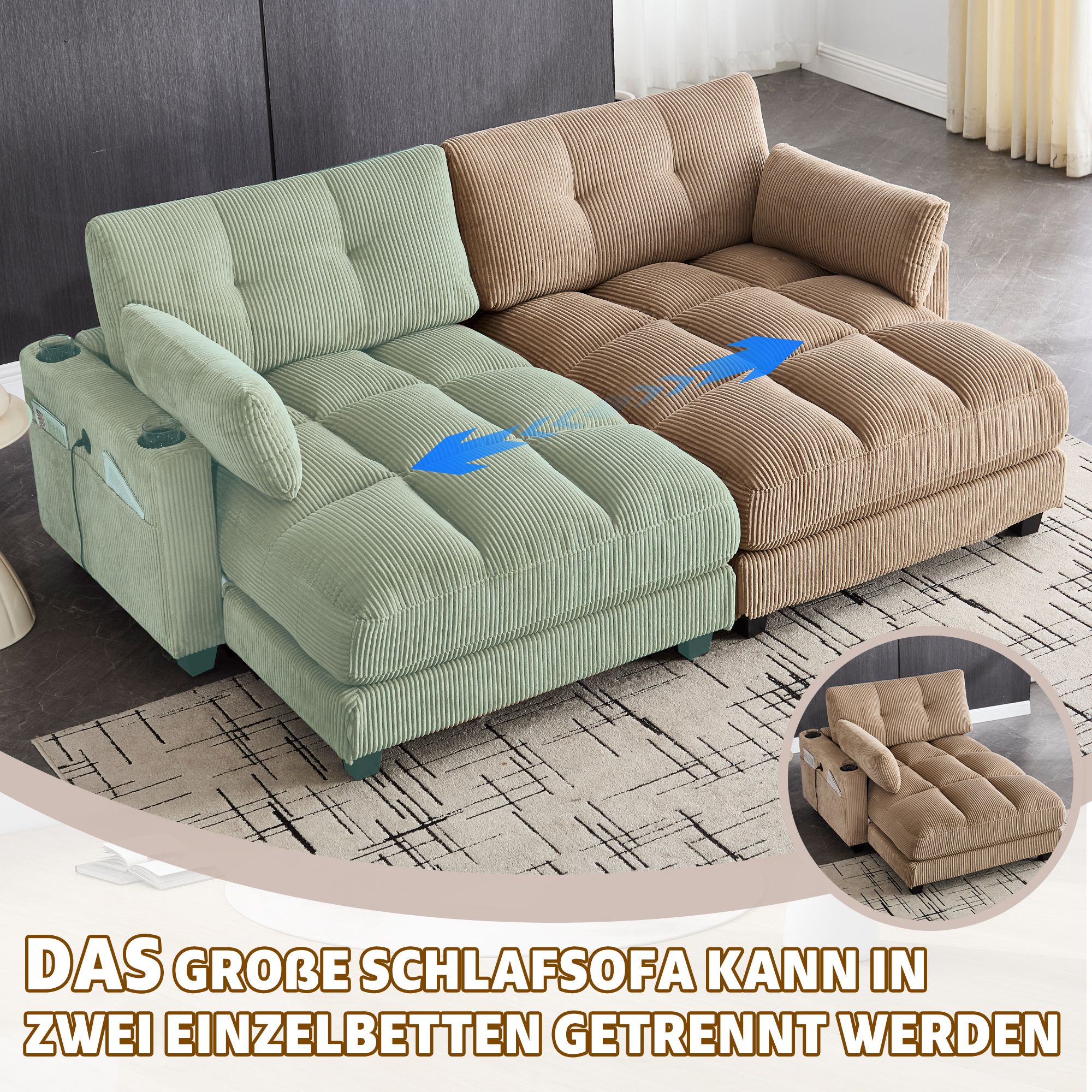 Canapé 2 places velours côtelé khaki modulable en 2 fauteuils avec 4 porte-gobelets, 4 poches latérales et ports USB sur accoudoirs