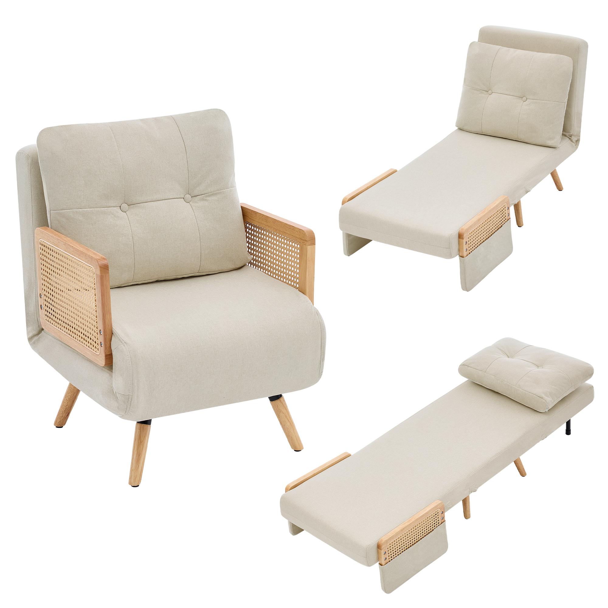Fauteuil convertible en tissu aspect lin beige avec accoudoirs en rotin, pieds en bois massif et dossier réglable