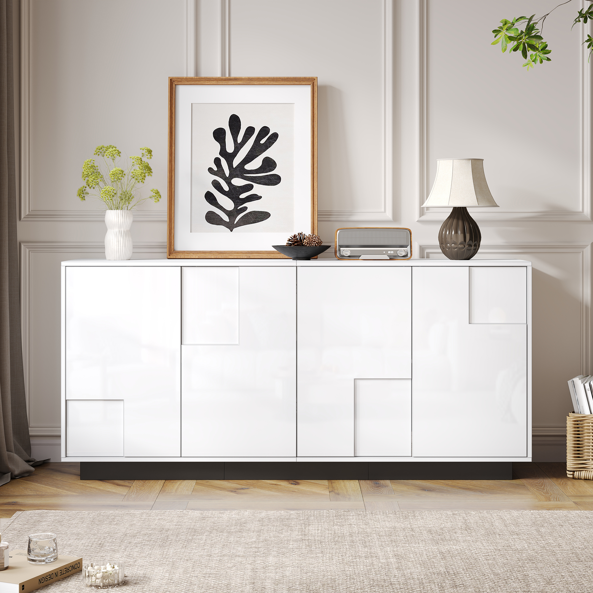 Buffet Design Géométrique 160 cm, Ouverture Push-to-Open, Grand Stagiaire avec 4 Portes et 2 Étagères pour Salon