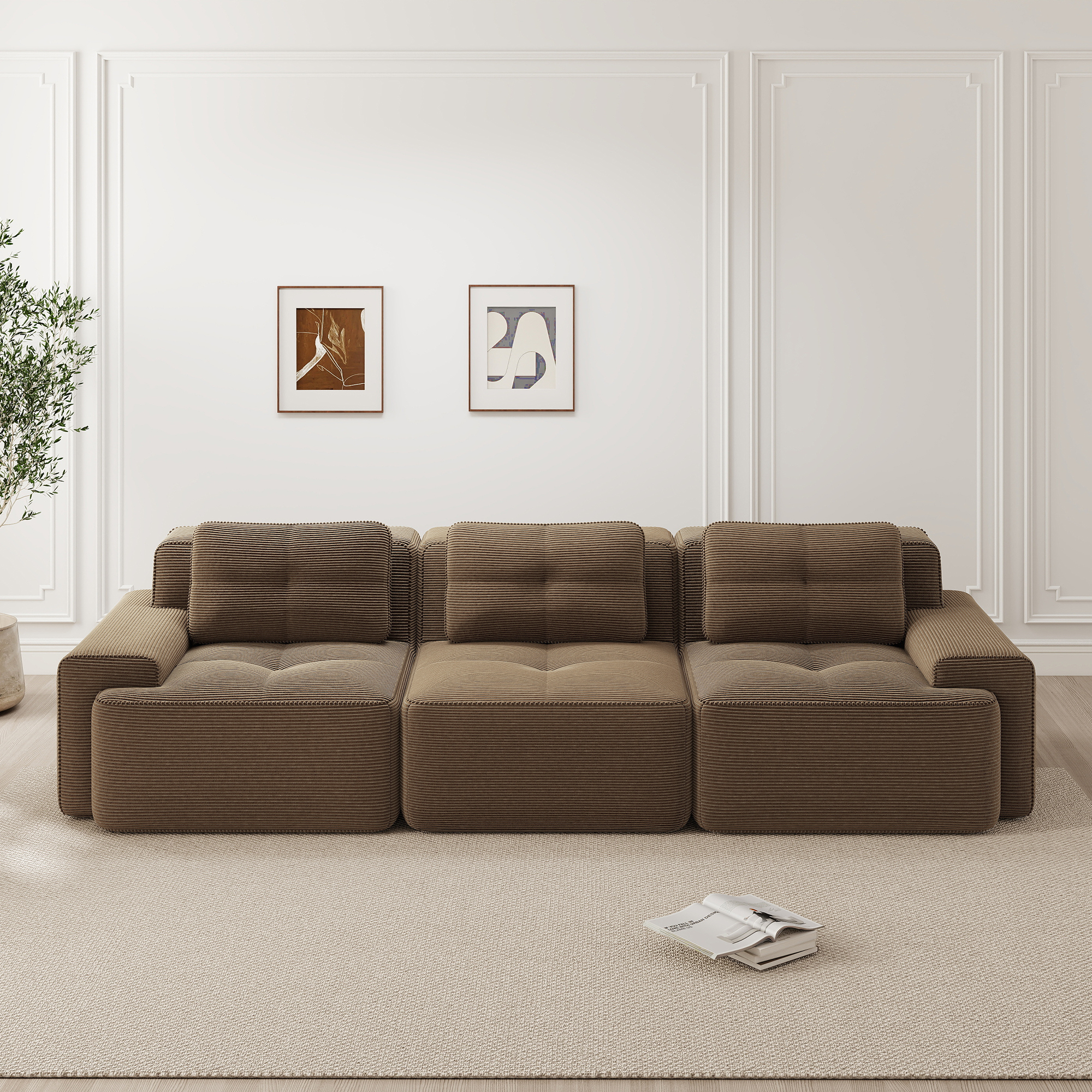 Canapé modulable d'angle sans pieds avec assise profonde et tissu velours côtelé marron résistant aux griffes pour salon moderne