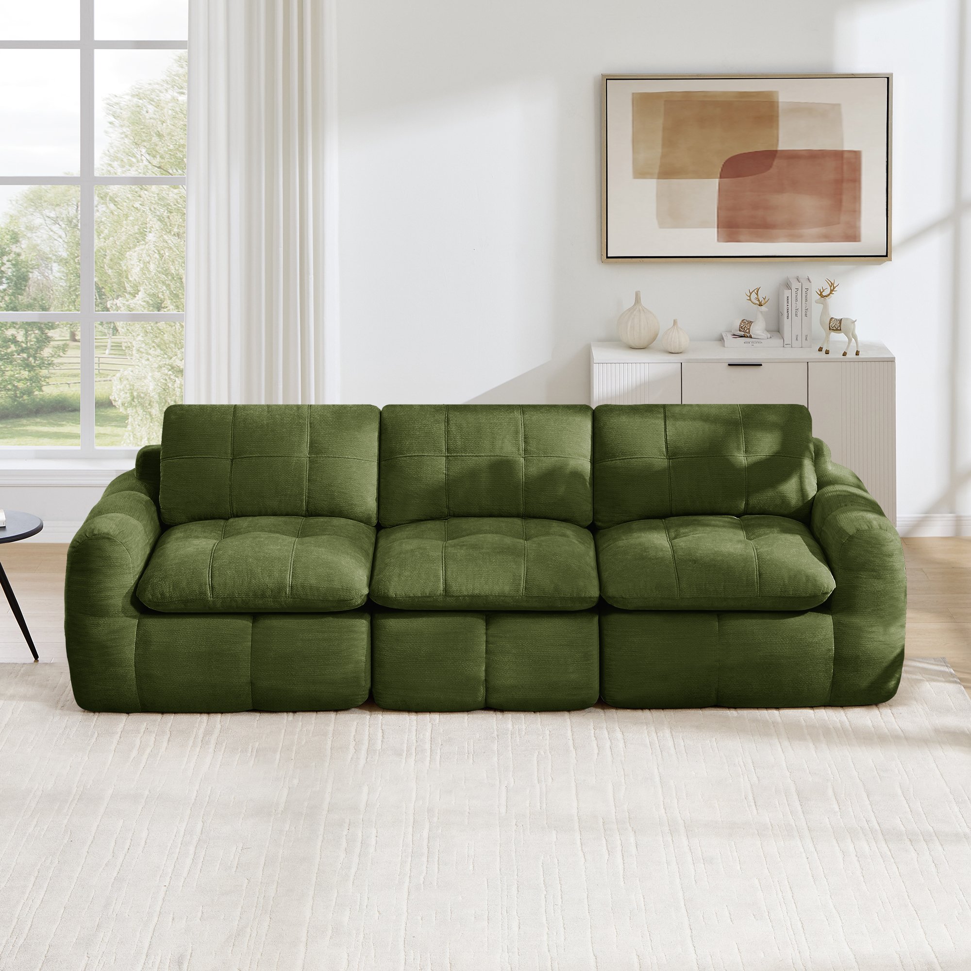 Canapé modulable 3 places vert en tissu chenille, design sans cadre avec coussins épaissis et motif quadrillé pour salon moderne