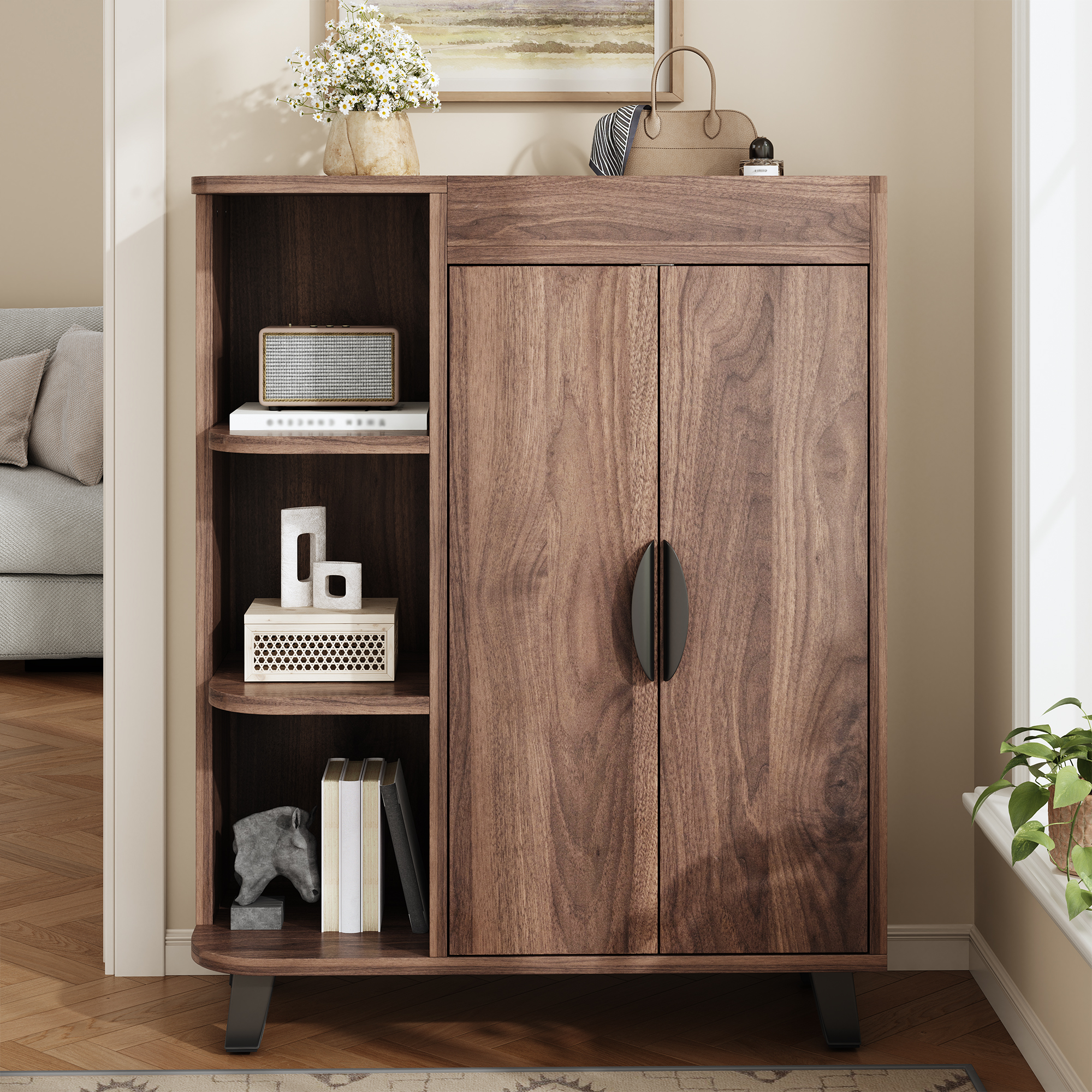Meuble à chaussures étroit 80x32x99 cm, Meuble de rangement entrée avec portes abattantes et étagères ouvertes, Design Noyer
