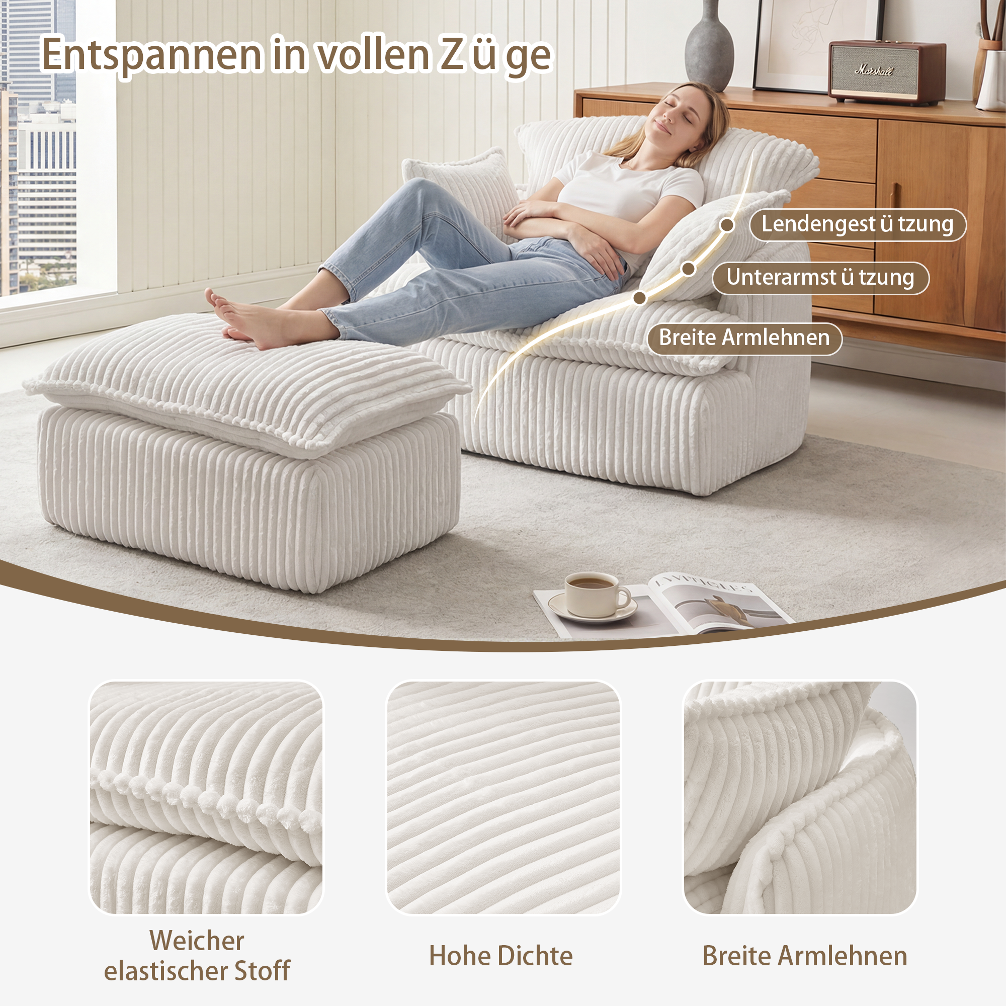 Fauteuil Compresse avec Repose-Pieds et Coussins, Canapé Confortable en Tissu Flanelle Beige pour Salon Moderne