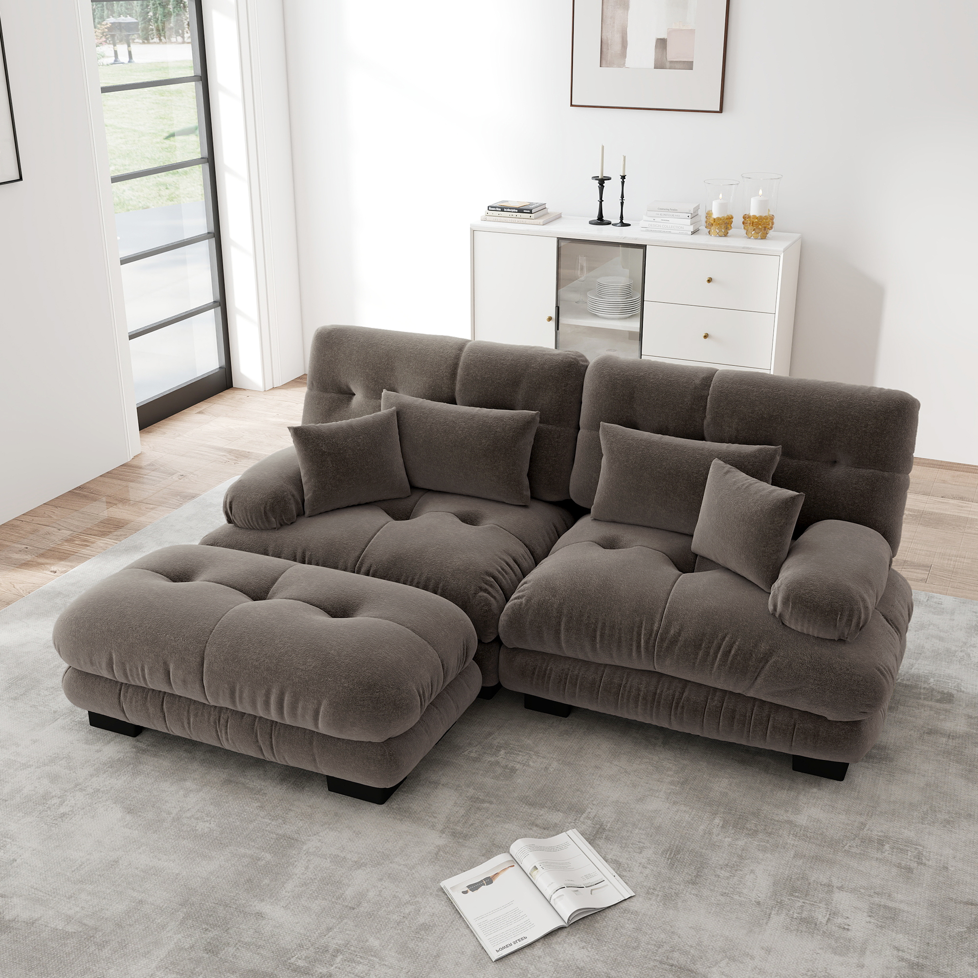 Canapé d'angle modulable 220x145x81 cm, canapé chenille marron double place avec ottoman, design contemporain pour salon spacieux