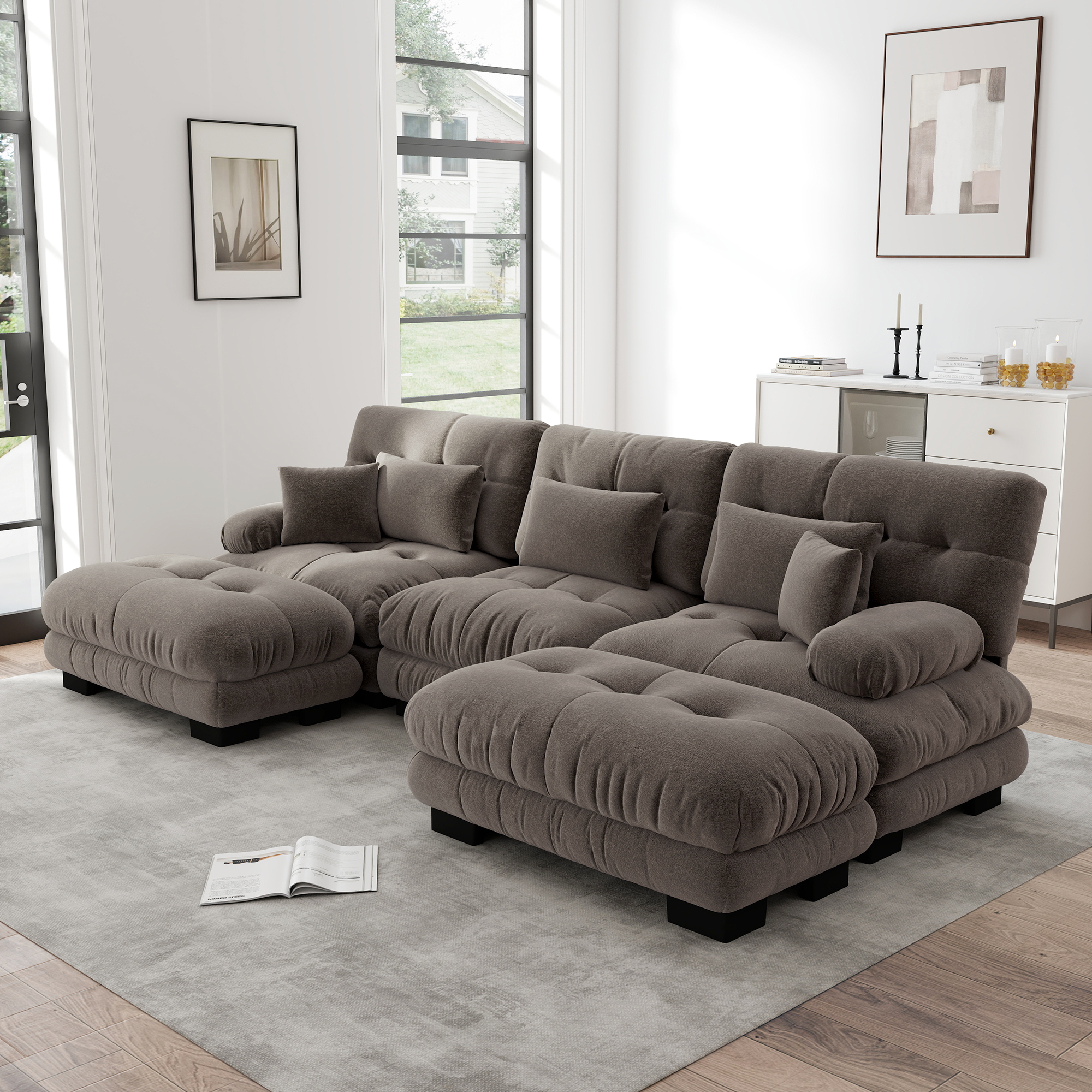 Canapé Modulable D'angle En U Avec Ottoman, Canapé Salon Profond En Chenille Marron, Design Moderne Pour Grand Salon