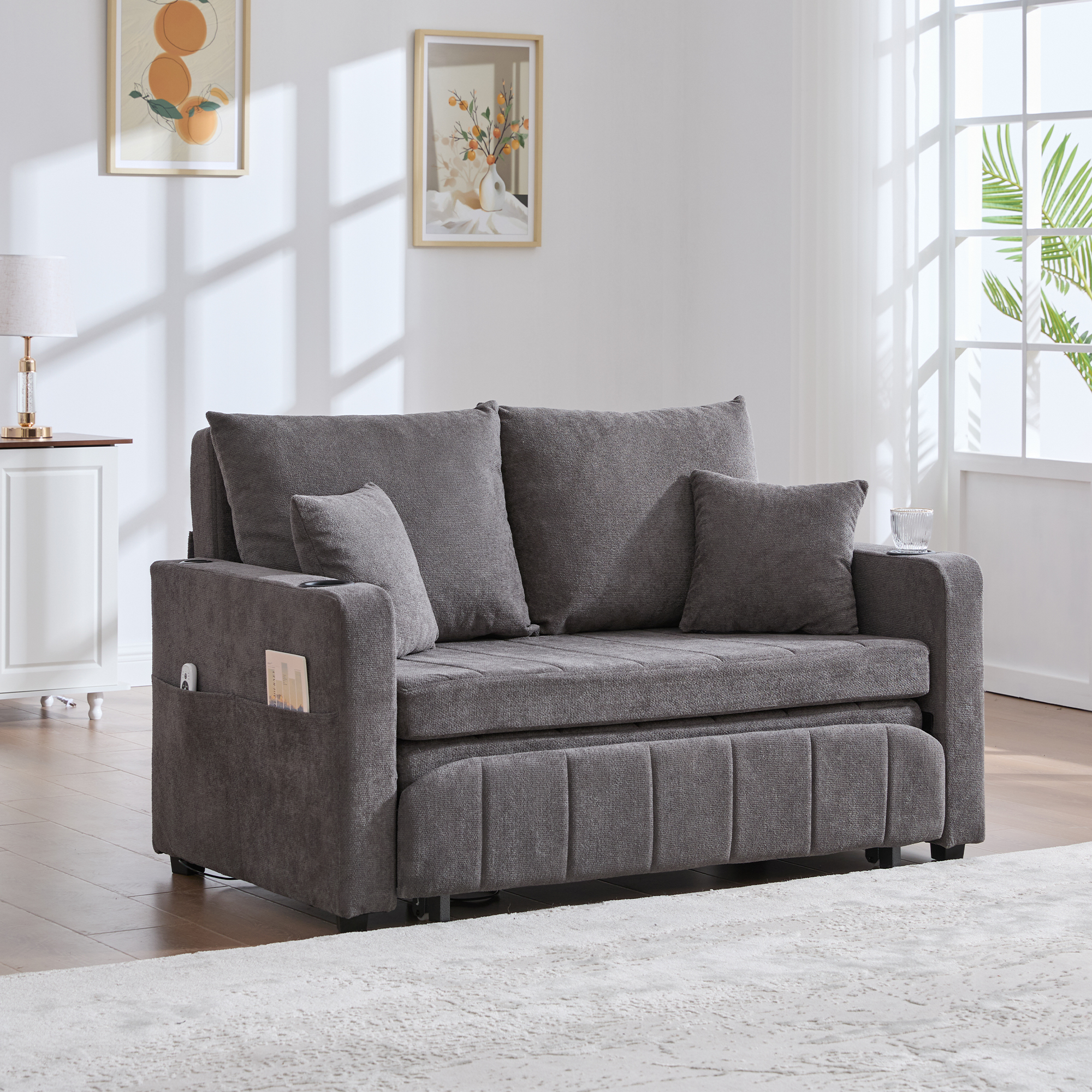 Lit rembourré 2 places avec tiroirs de rangement, port USB et sommier à lattes inclus en chenille gris